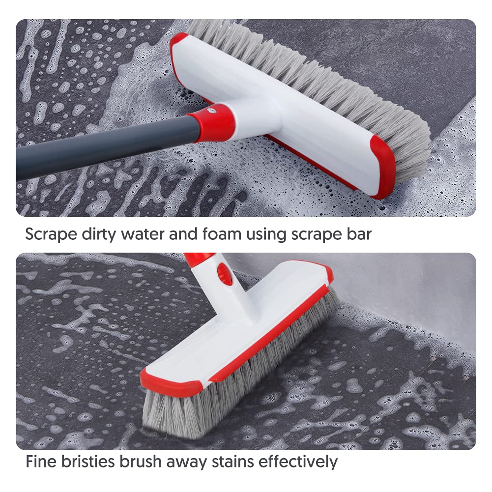 Floor Scrub Brush with Long Handle, Scrubbing Brush Squeegee Broom for Cleaning, 2 in1 Stiff Bristle Shower Scrubber Floor Squeegee for Pool Wall Tile(White)