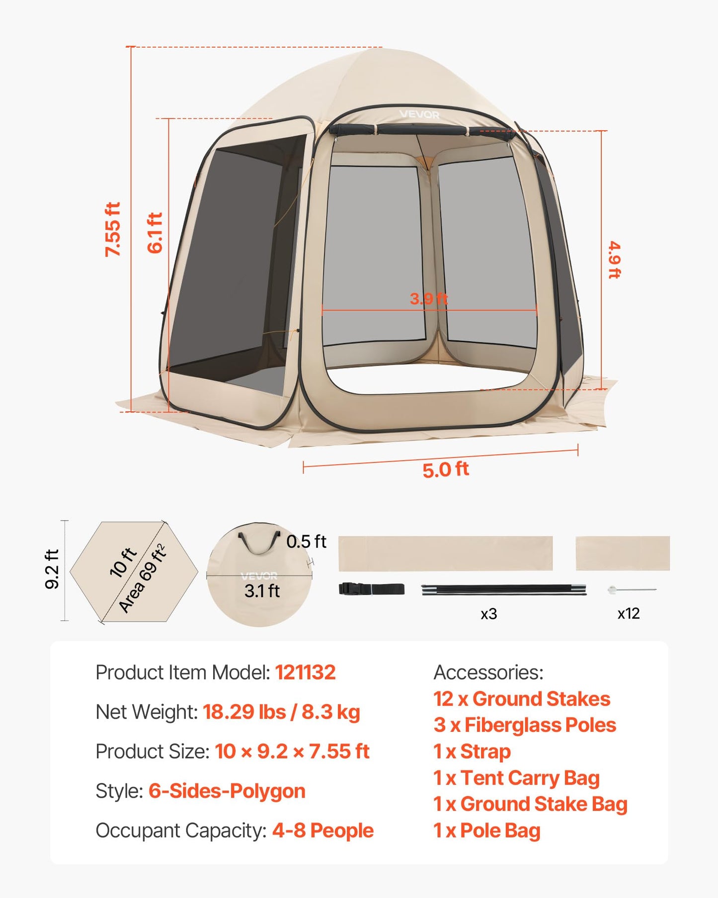 VEVOR Pop up Screen House Tent, 10 x 9.2 ft, 4-8 Person Screen Gazebo, Portable Screened in Canopy with Carry Bag, Netting Sides, Ground Stakes, for Garden, Patio, Backyard, Outdoor Activities, Beige