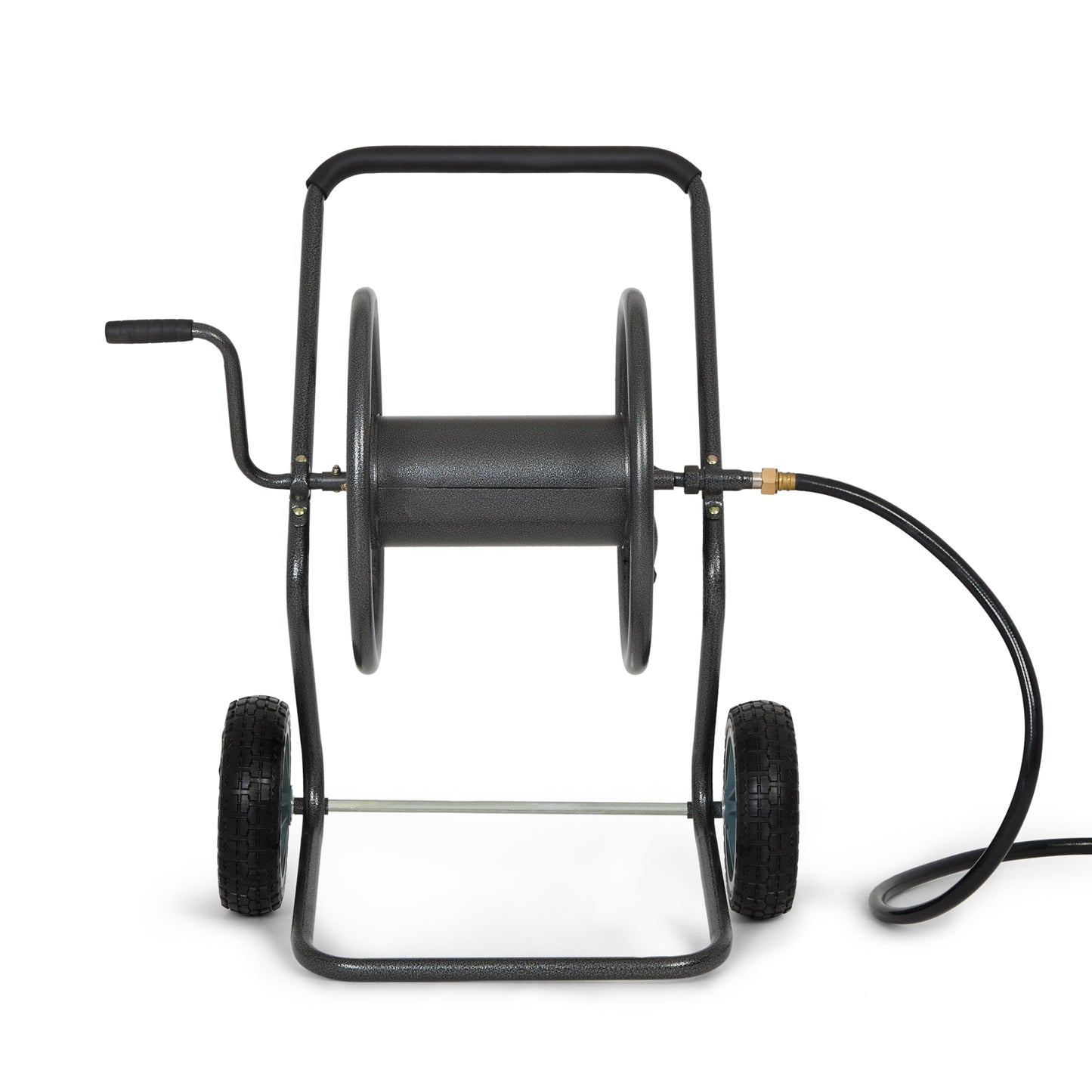 Backyard Expressions 2‑Wheel Garden Hose Reel Cart, Portable Hand‑Crank Hose Reel, Rust‑Resistant Hammertone Gray Finish, Brass Connectors