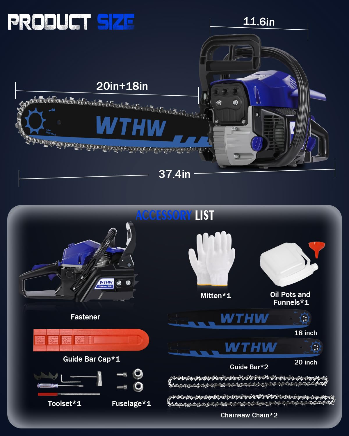 WTHW 58 cc Gas Powered Chainsaw, 20 in & 18 in Quick-Switch Bars – 550 ml Fuel 260 ml Oil Tanks, Automatic Chain Oiler, Centrifugal Air Filter, Quick Start, Inertial Chain Brake (Blue)