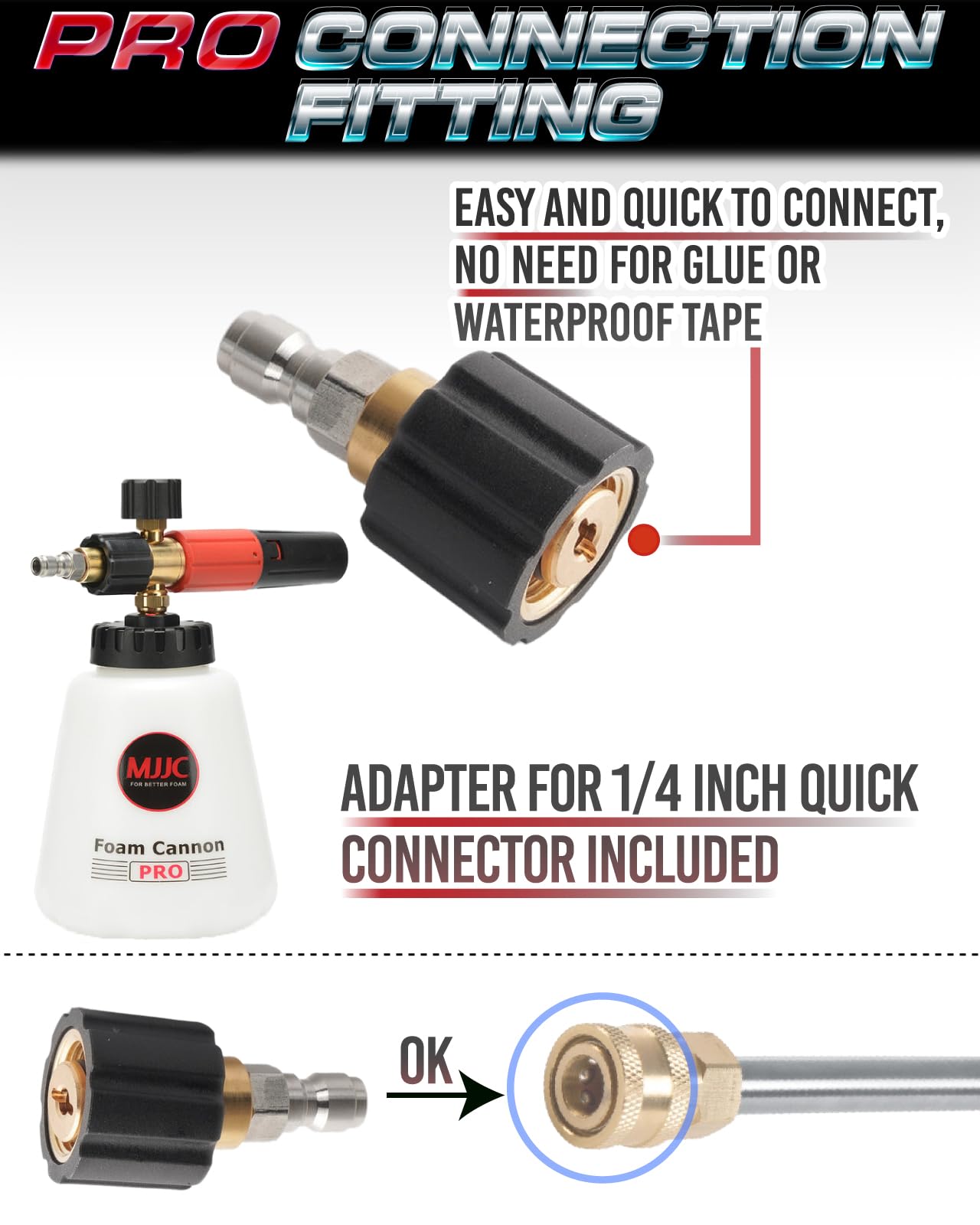 MJJC Foam Cannon Pro V2.0 (Thicker Snow Foam Technology) with 1/4 Inch Quick Connector for Pressure Washer, 40 oz Bottle (Pro V2.0 (1/4" Quick Connector) + SOAP Sample)