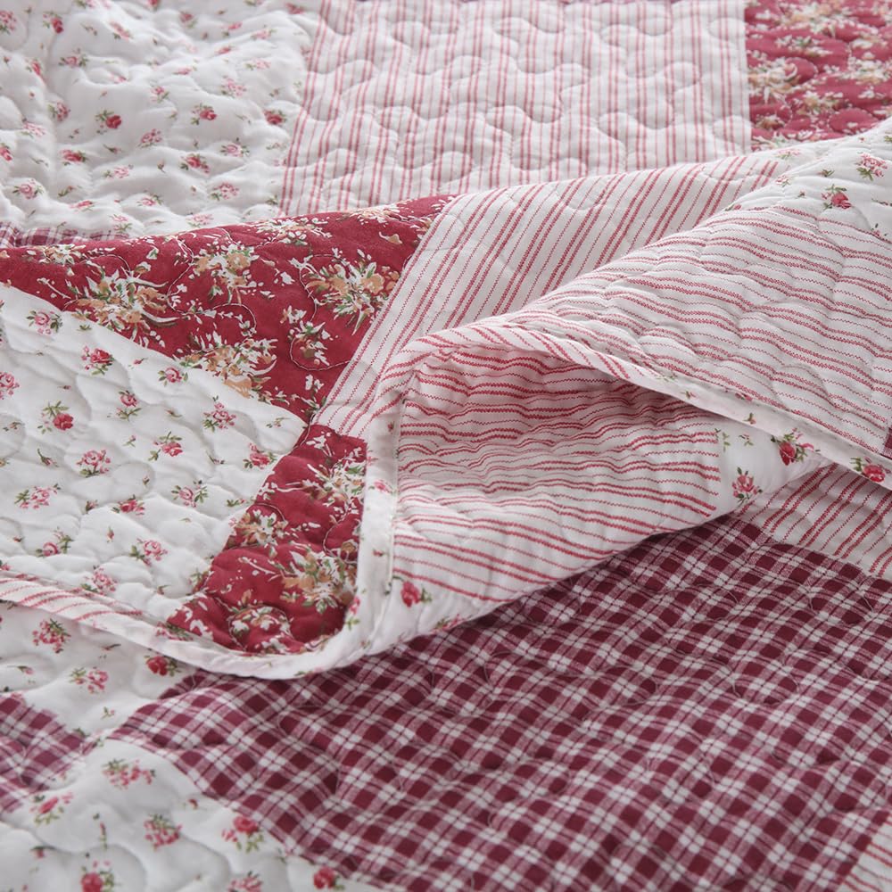 ENASAL Cotton Bedspread Quilt Bedding Sets Reversible Coverlet Sets Comforters Plaid Floral Red White Patchwork Pattern Bedspread for All Season, Queen Size