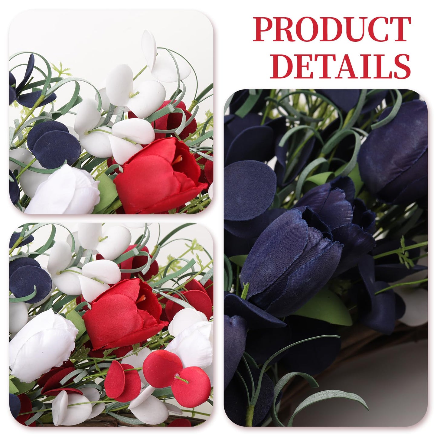 MAINGKAUNG Patriotic Wreath 22 Inch 4th of July Wreath Patriotic Wreaths for Front Door with Red White Blue Flag Tulip Eucalyptus Leaves for American Independence Day Memorial Day Flag Day Decor