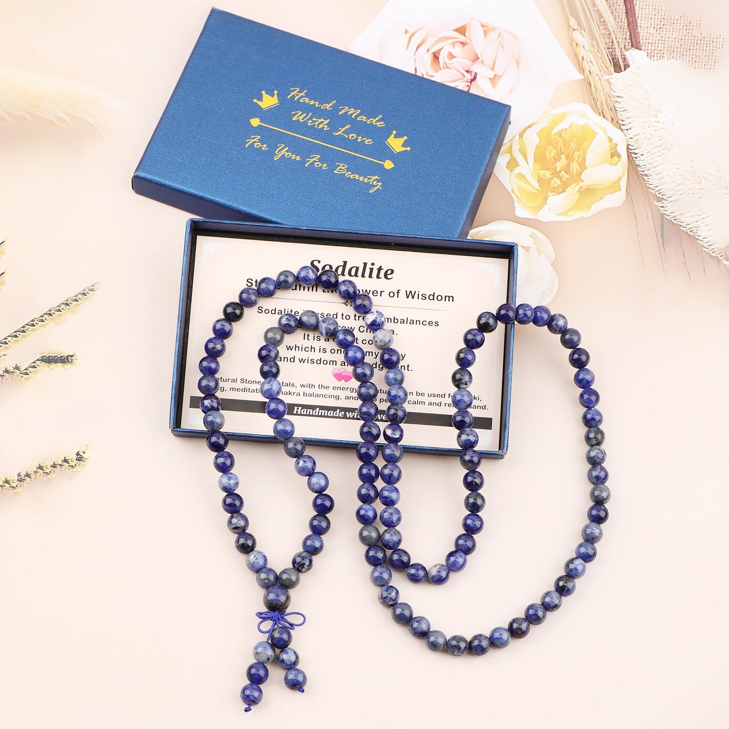 AD Beads 8mm 108 Prayer Mala Sodalite Elastic Bracelet - Stone fulfill the power of Wisdom - Handmade Yoga Meditation Healing Power Energy Gifts for Unisex Adult.