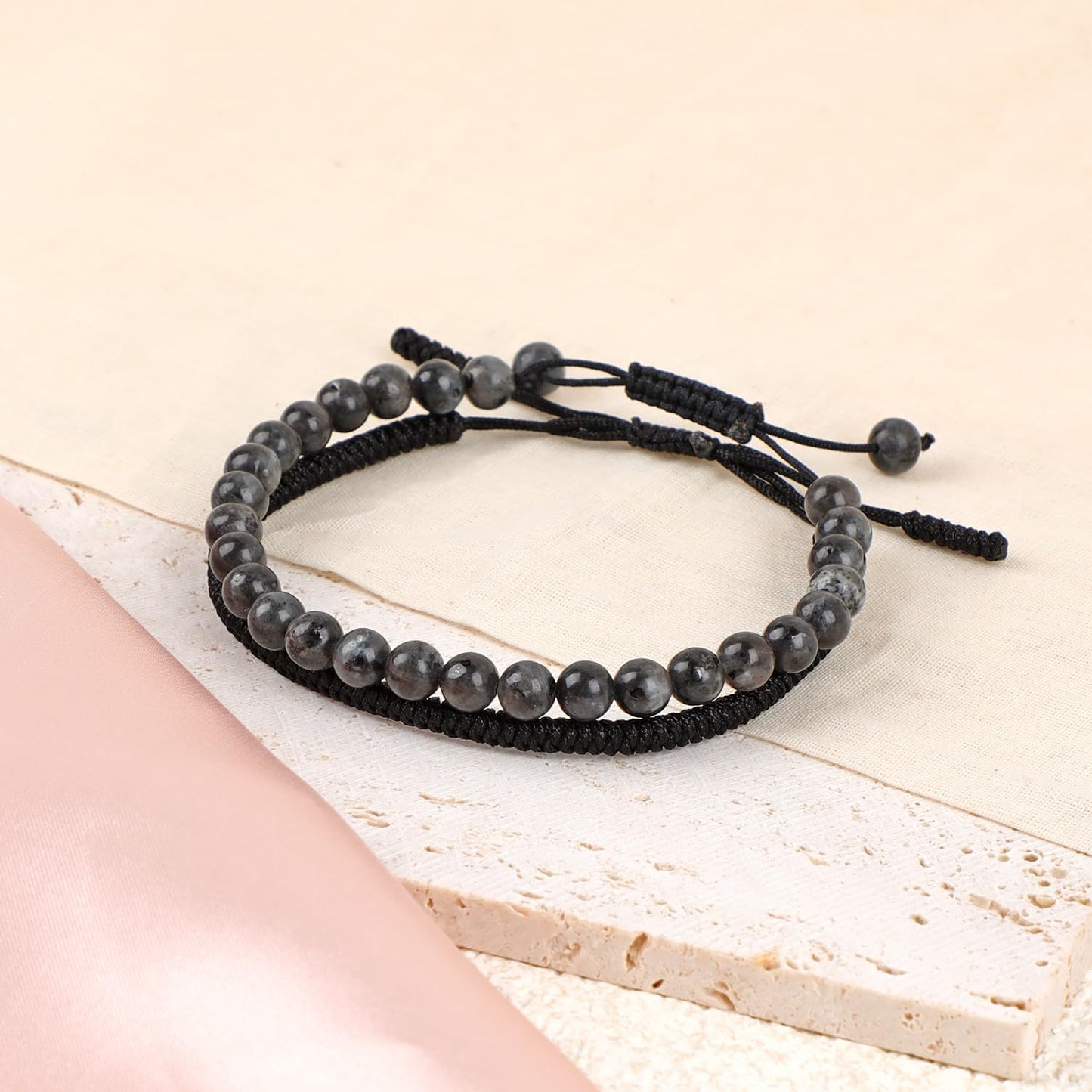 LPBeads 6mm Larvikite Bracelet with Handmade Rope Bracelet Size Adjustable Natural Stone Crystal Healing Bracelets Gifts for Unisex Adults
