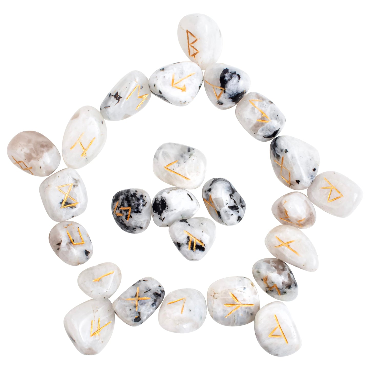 Crocon Rainbow Moonstone Rune Stones Sets 25 pcs for Beginners with Elder Futhark Alphabets for Healing Chakra Crystals Reiki feng Shui Gemstone Runes Set Size: 15-20 mm with a Pouch & Rune brochure