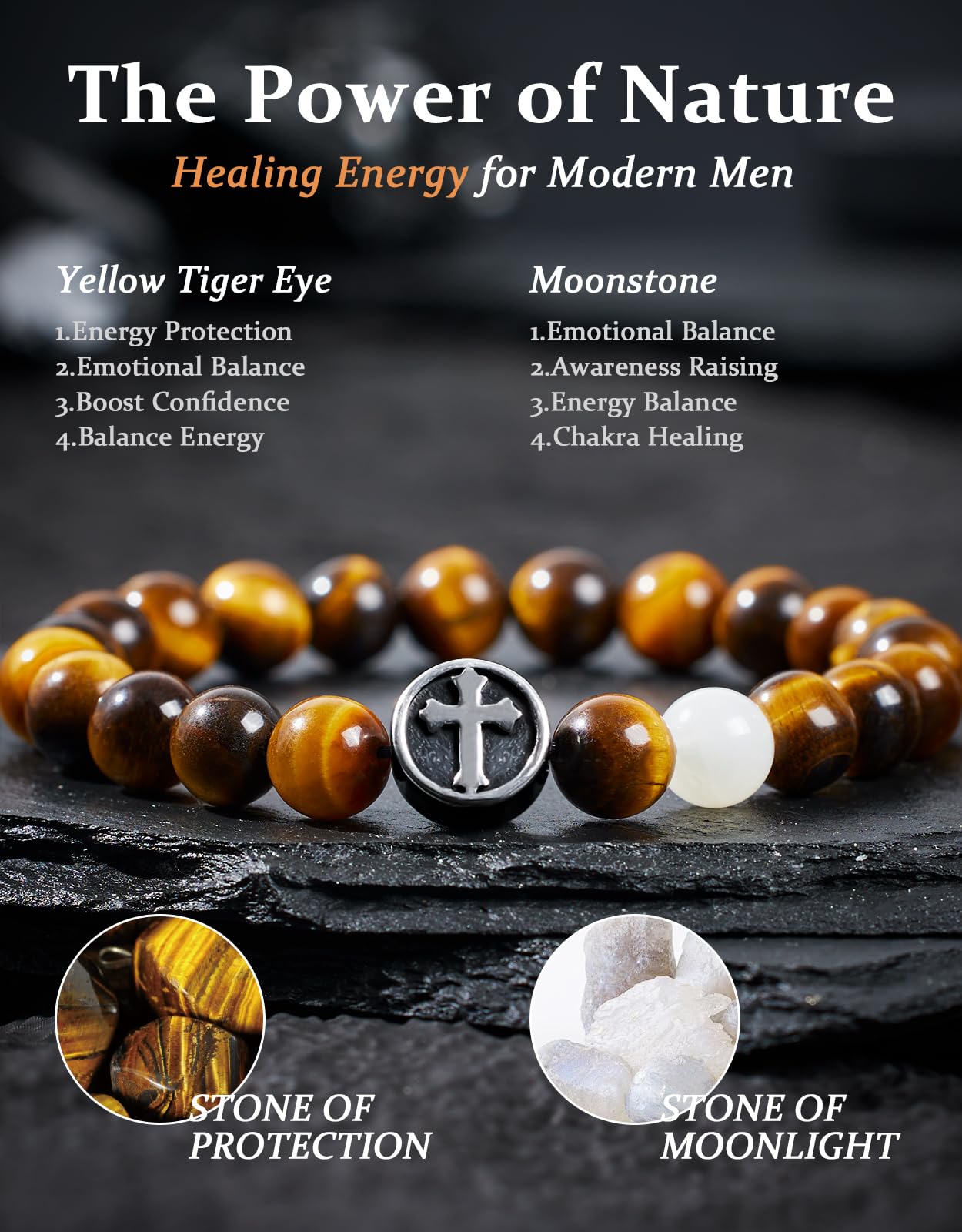 Landorilo Gifts for Men, 8mm Cross Natural Stone Beaded Bracelets, Yellow Tiger Eye Healing Bracelet, Handmade Mens Jewelry Gift for Him, Husband, Son, Father, Friend(Happy Birthday-7.5in)