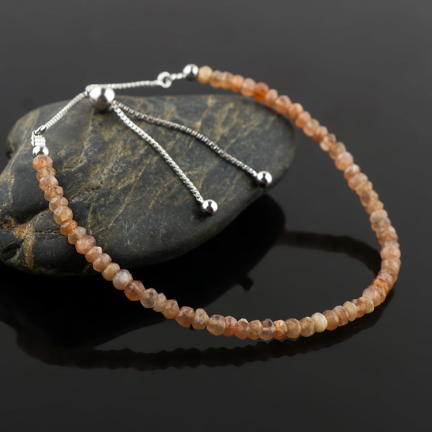 CRYSTALIS Natural Peach Moonstone Gemstone Beads Slider Bolo Bracelet, High Grade Beaded Crystals, Chakra Healing Stone, Gift Giving Women Jewelry, 925 Sterling Silver Slider 10 inch