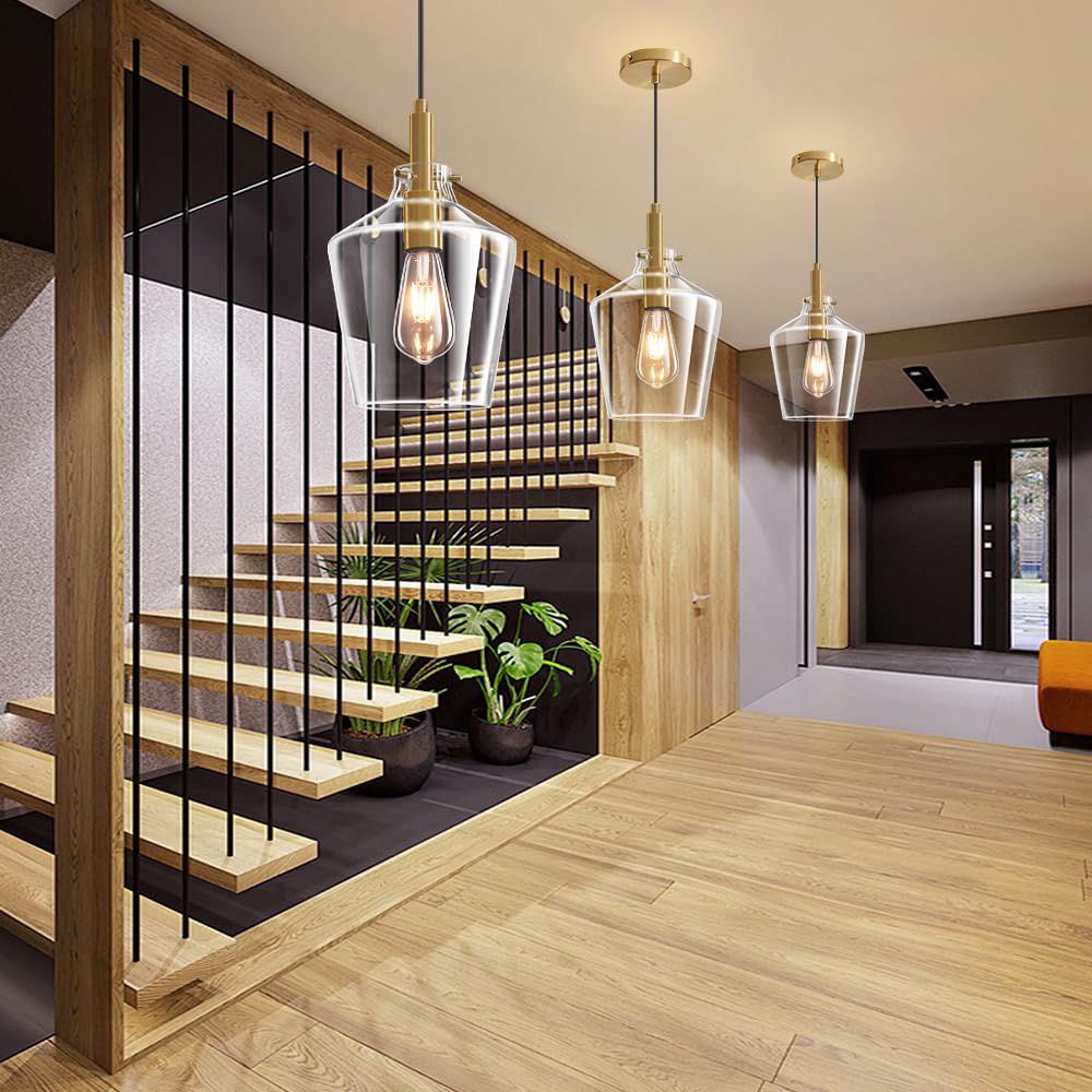 Vaziden Modern Glass Pendant Lighting for Kitchen Island, Farmhouse Gold Pendant Light Fixtures 1 Pack, Adjustable Hanging Ceiling Light Angled Clear Glass Shades 8 Inch