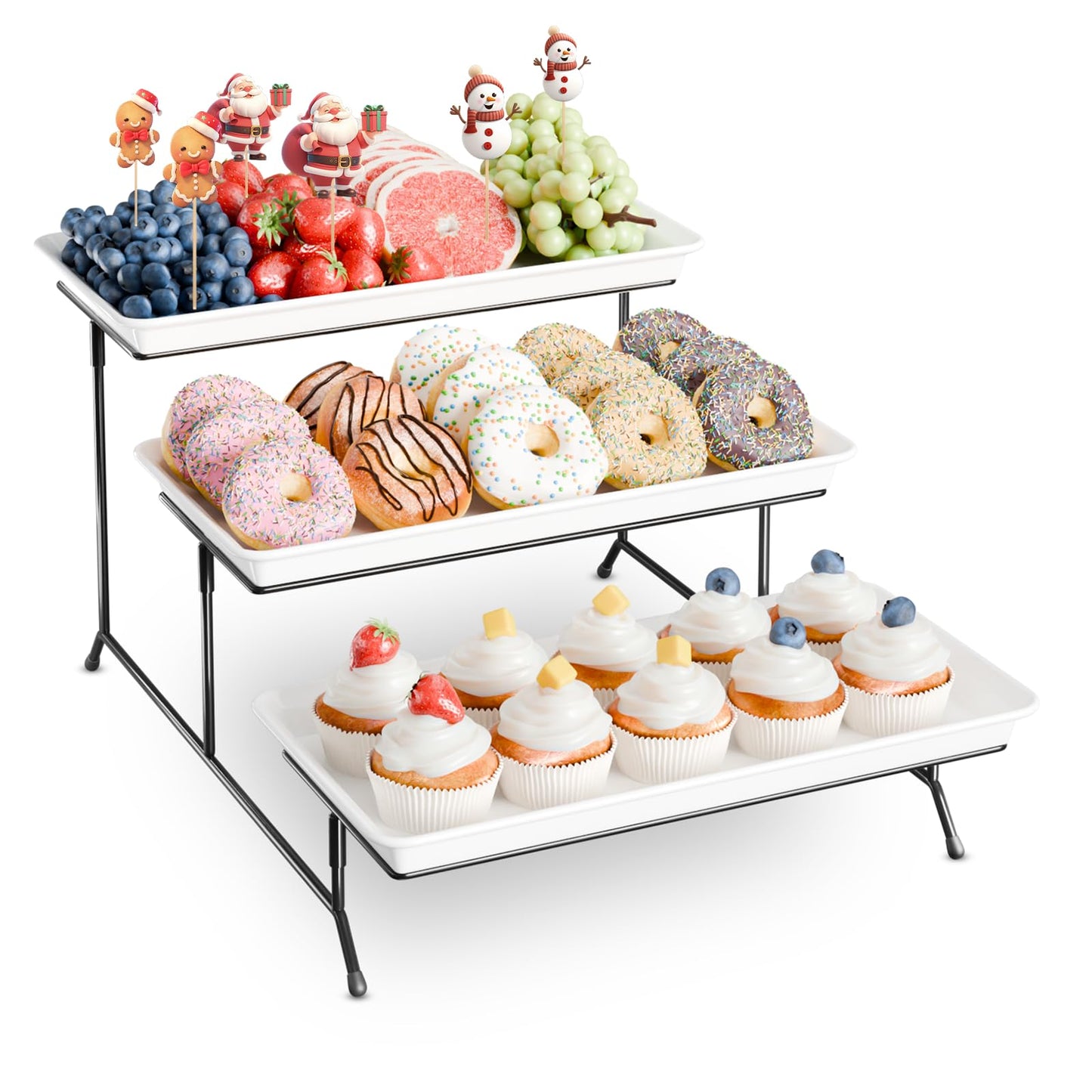 3-Tier Melamine Serving Tray Set, 14"x7" Platters for Serving Food, White Reusable Trays with Black Metal Display Stand for Cupcakes, Sevring Food, Dessert, Fruit, Cookie, Black
