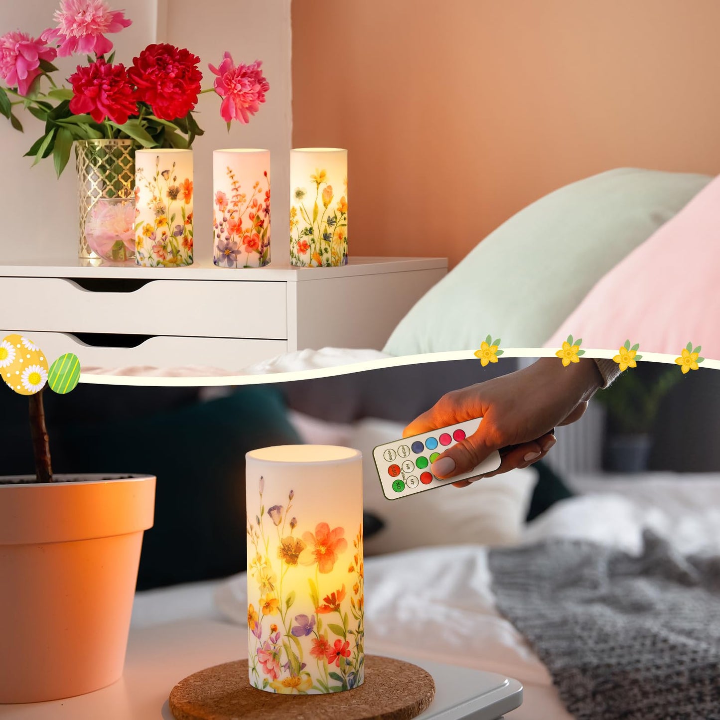 Retisee 3 Pcs Spring Wildflower Flameless Candles Spring Floral Battery Operated Flickering LED Candles with Remote Floral Gifts Decoration for Easter Wedding Table Centerpieces Home Living Room Decor