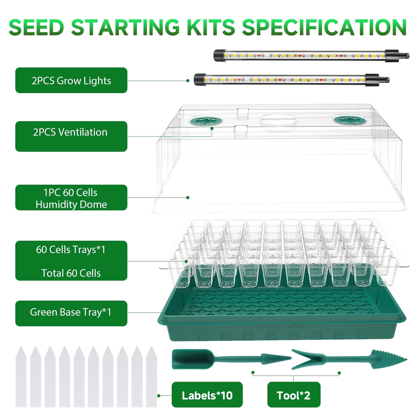 Adawook Seed Starter Trays with Grow Lights, Color Change Grow Lights for Seed Starting Kit, 3 Timming Set, Indoor Plant Growing Kit for Gardeners, Germination Trays Kits, Gardening Gifts (60 Cells)
