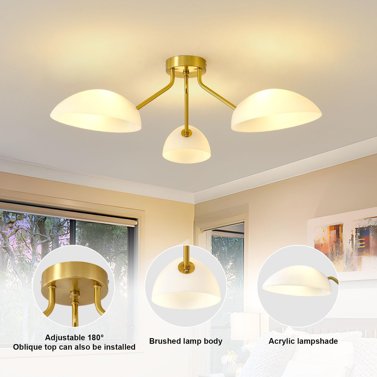 XIAOQIWU 31.5”Gold-Plated Modern Ceiling Light Chandelier Light Fixture for Bedroom and Living Room Ceiling - Adjustable Light and Color with Acrylic lampshade - Sputnik Ceiling Light