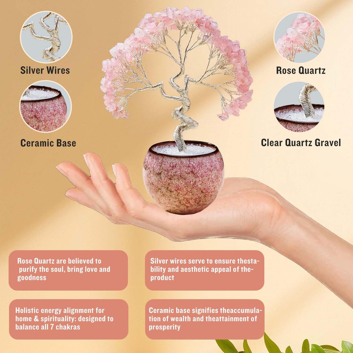 Runyangshi Rose Quartz Crystal Tree of Life - 7in Chakra Crystal Money Tree with 297 Natural Healing Crystal Gemstone for Love, Feng Shui, Luck, Balancing Energy Home Decor & Spiritual Gift