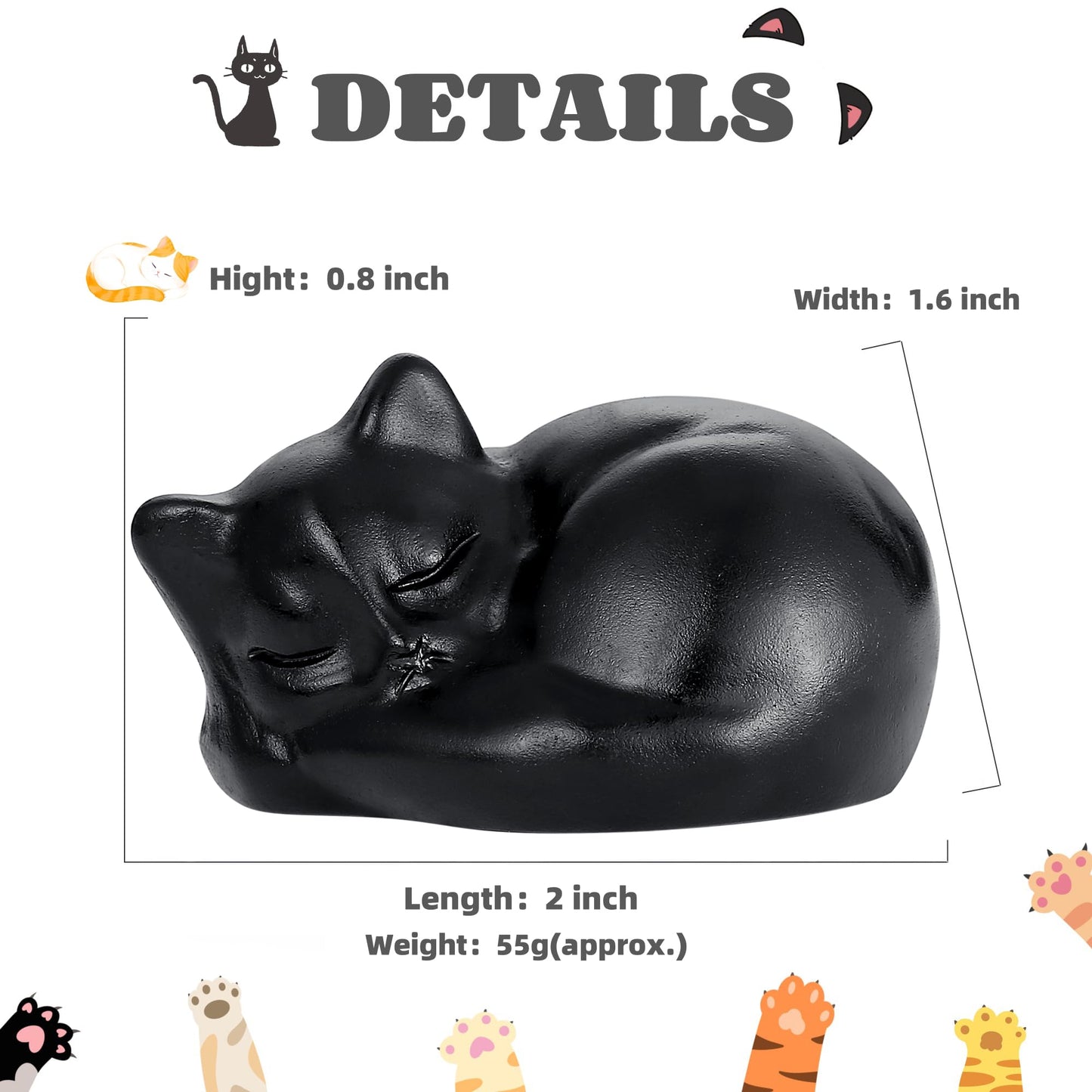 YATOJUZI 2" Cat Decors Statue Black Obsidian Crystals Sleeping Cats Matte Gemstone Hand-Carved Cute Animal Statues Figurine Room Home Office Desk Decor Lucky Reiki Kitten Ornaments Gifts for Women Men