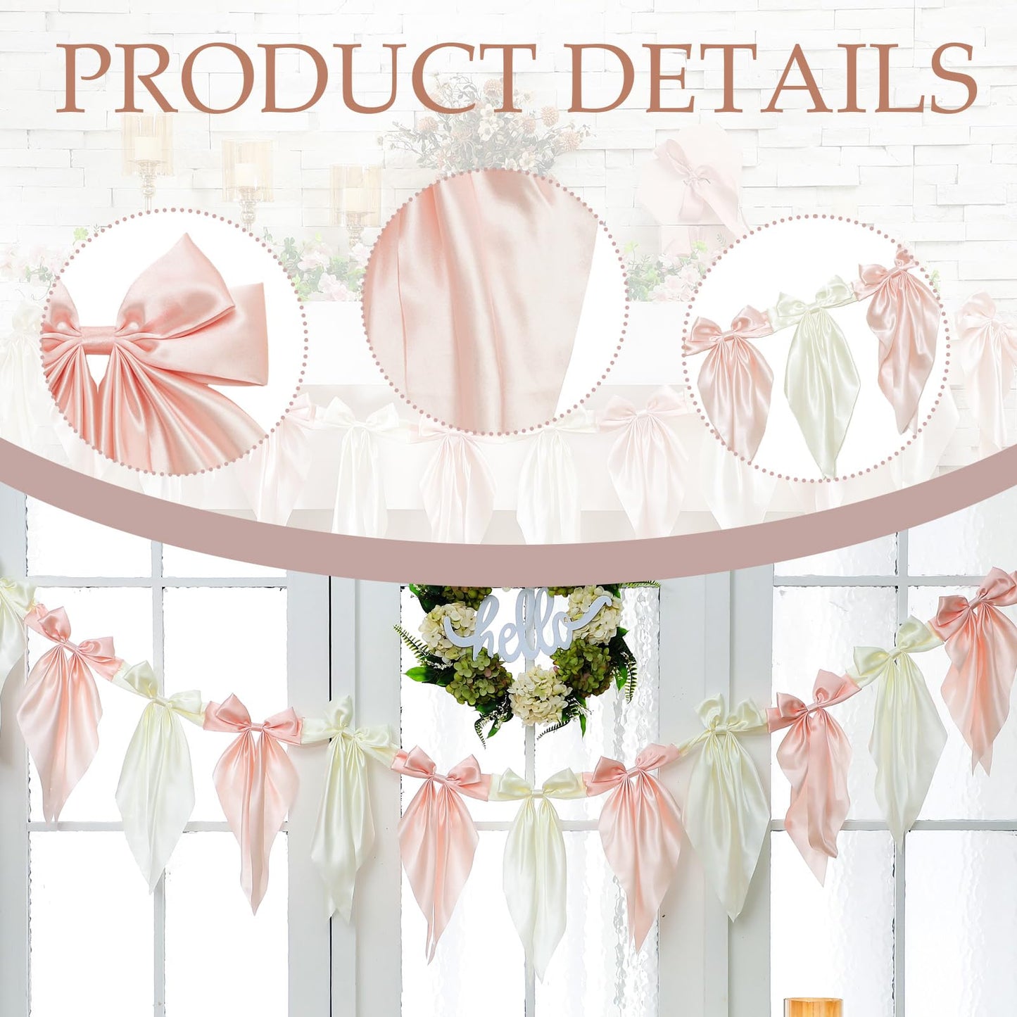 VitalCozy 1 PCS White Pink Bow Garland Banner, Satin Ribbon Hanging Party Bow Garland Decoration for Birthday Baby Shower Wedding Party Supplies