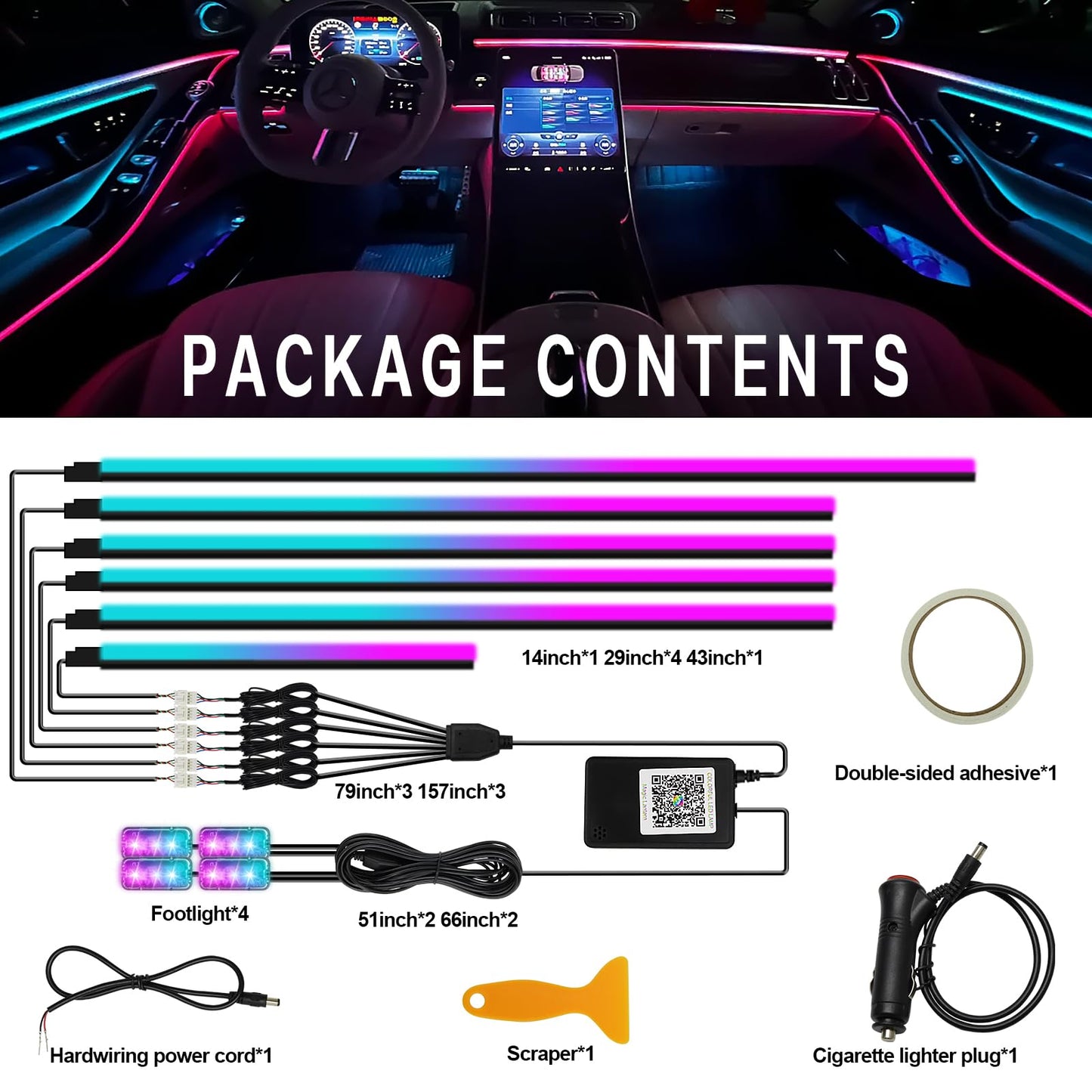 Dreamcolor Acrylic Interior Car Light 10 in 1 Automotive Ambient Light Kits with APP Control 16 Million Color 175 inches Fiber Optic Car LED Strip Light, RGB Music Sync Neon Light Kits
