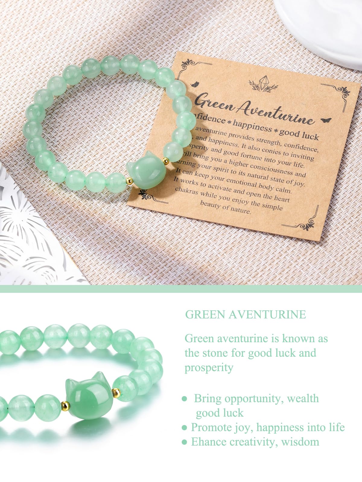 CrystalTears Green Aventurine Crystal Cat Bracelet for Women Men 8mm Healing Crystal Stone Bead Bracelets Protection Gemstones Stretch Bracelet Good Luck Bracelet Jewelry Gifts for Mom Women