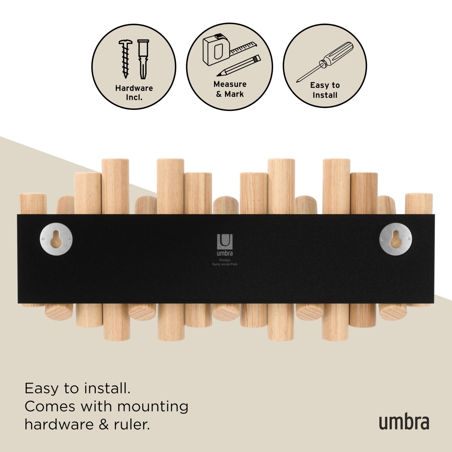 Umbra Picket Coat Rack Wall Mount – 5 Flip-Down Wood Coat Hooks, Modern & Functional Storage, Easy Install Wall Hooks, Natural
