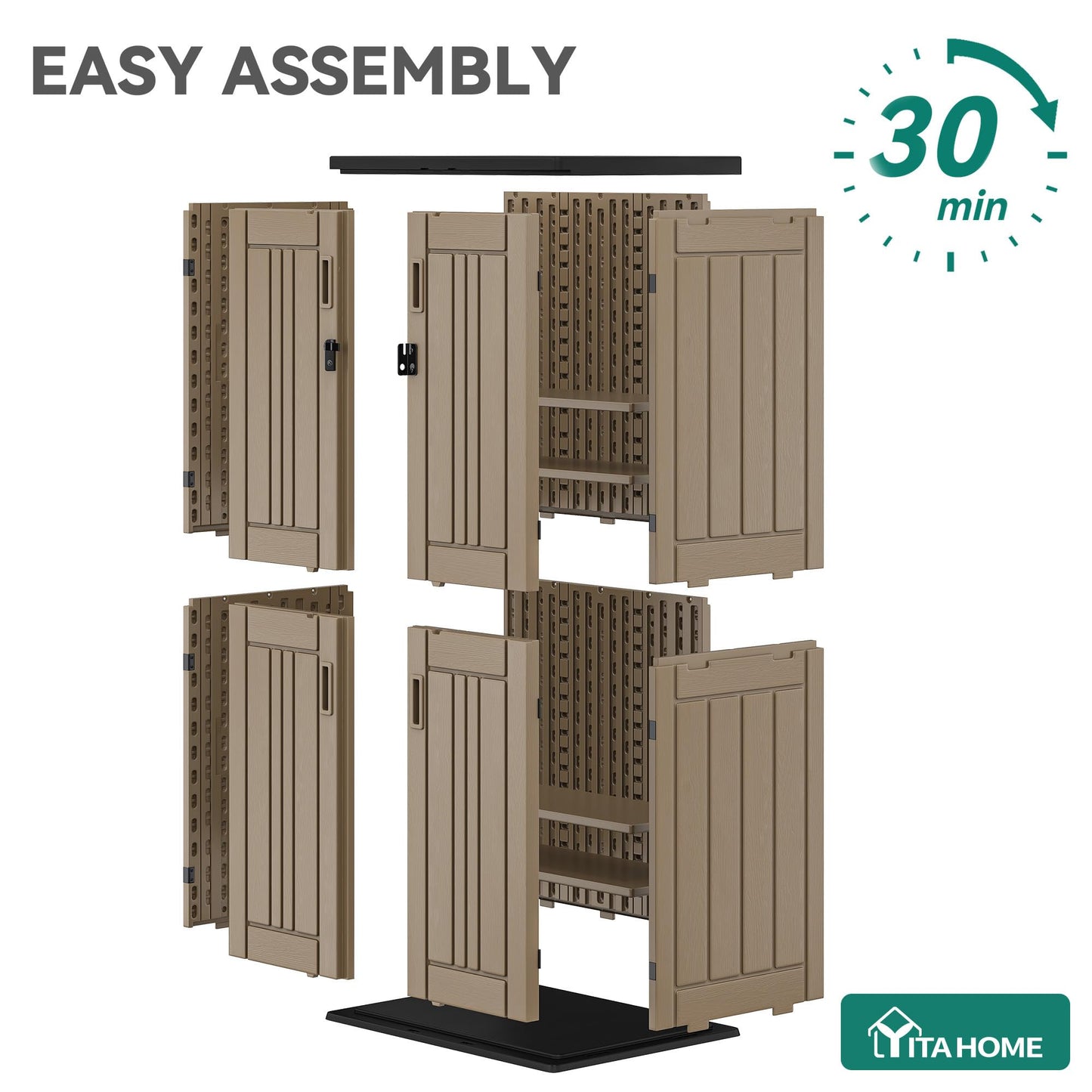 YITAHOME Outdoor Tall Storage Cabinet with 4 Shelves, Waterproof Resin Vertical Tool Shed, Lockable 30 cu. ft. Storage Shed for Patio, Garden, Yard, Brown