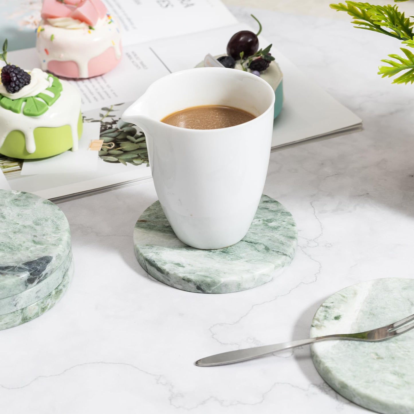 Green Marble Drink Coasters, Natural Stone Coasters - Set of 4, Elegant Home Decor