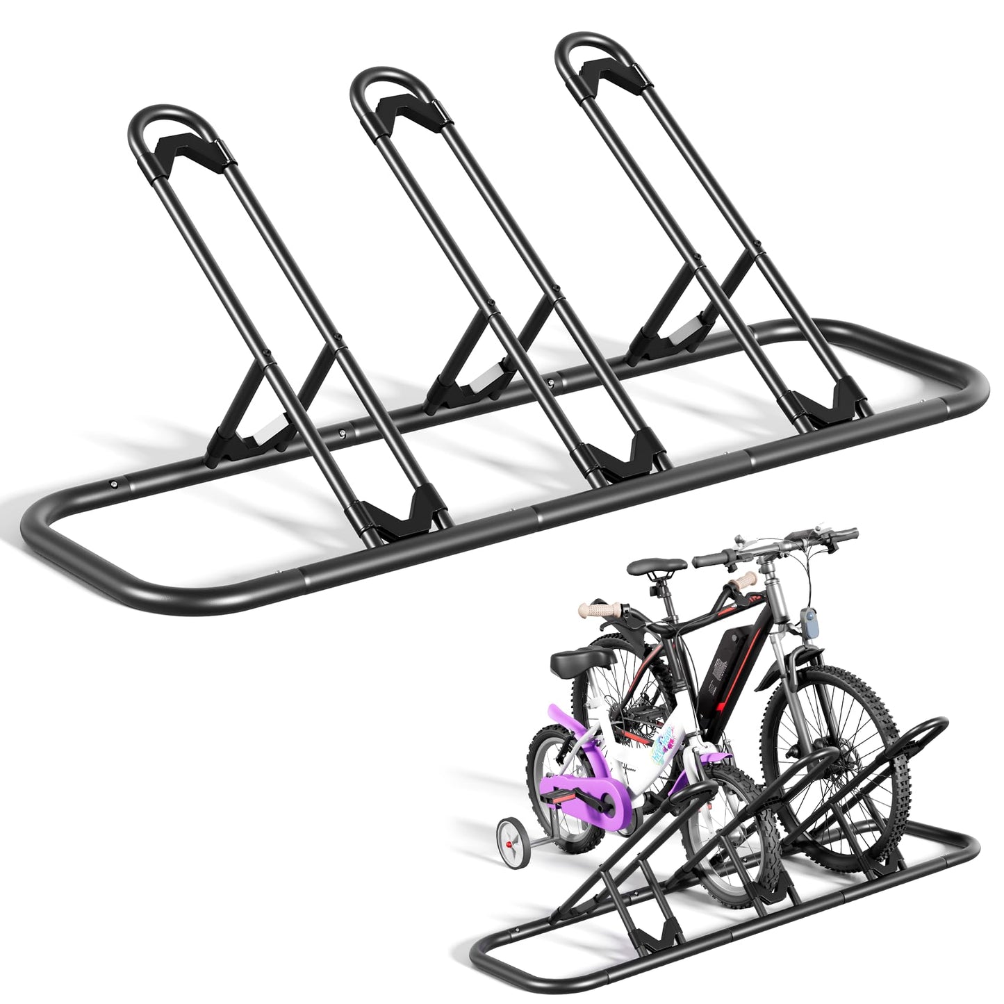 Mr IRONSTONE Bike Rack, Floor Storage Stand for Garage, Indoor/Outdoor Parking Holder, Fits Mountain, Road & Kids Cycles (Black, 3-Slot)
