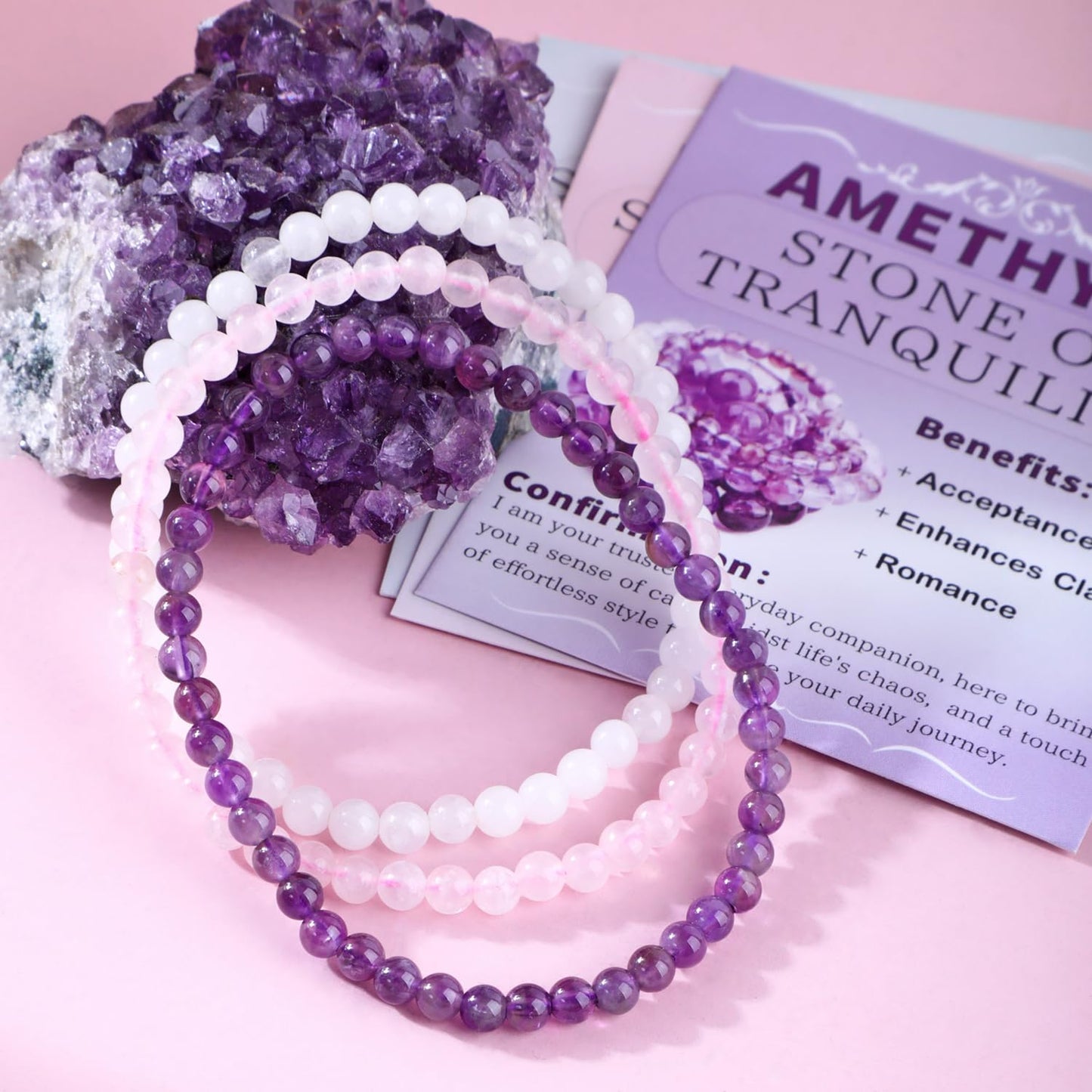 CMBYN 3-Pieces 4mm Natural Crystal Gemstone – ﻿Amethyst, Pink Quartz, White Jade Handmade Reiki Energy Healing Stretch Bracelets Jewelry for Yoga, Meditation, Unisex