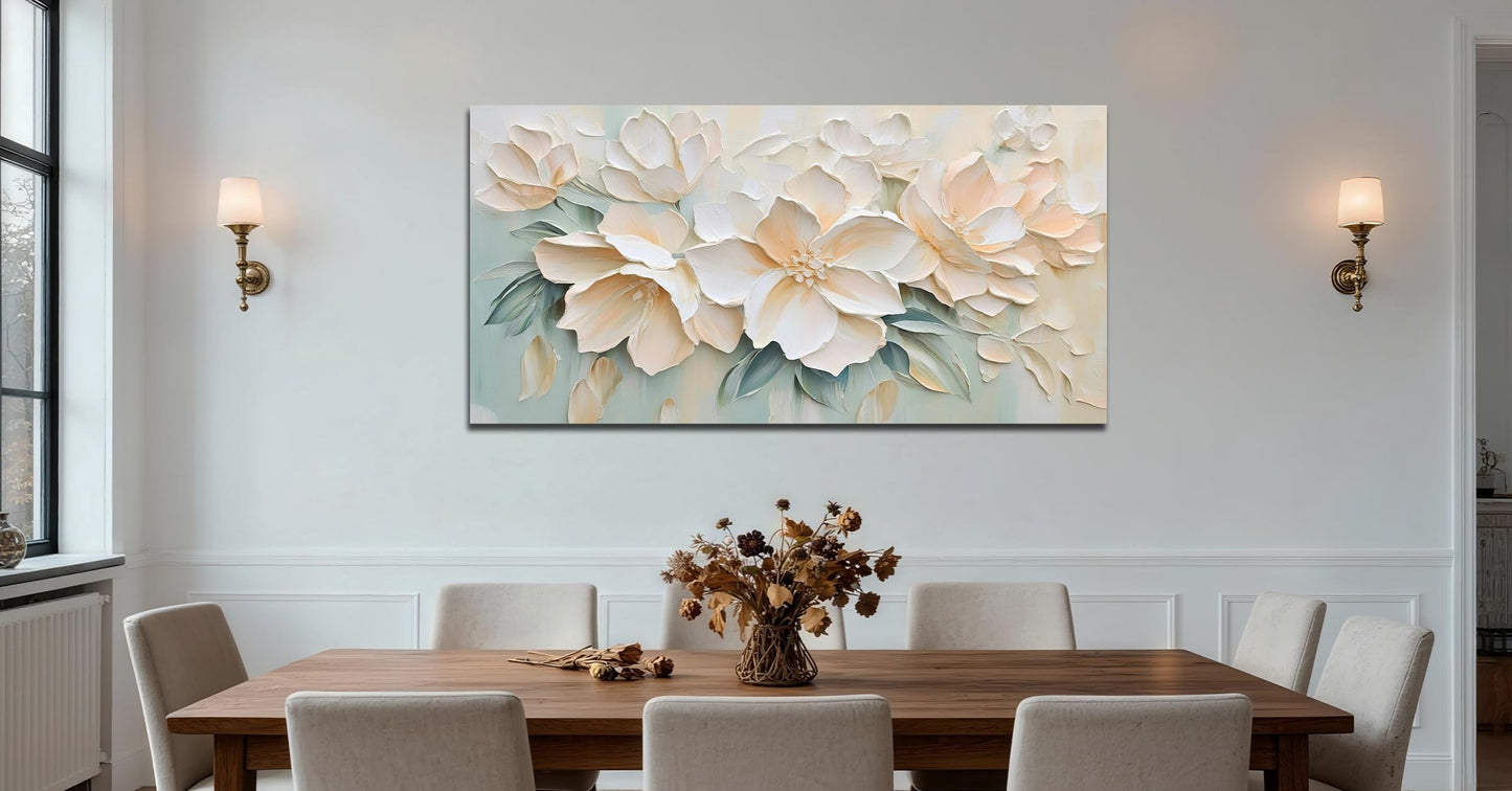Anolyfi White Textured Flowers Canvas Wall Art for Living Room, Modern Aesthetic Sage Florals Painting Wall Decor for Hallway Bedroom Dining Room Office Home Decor 40"x20"