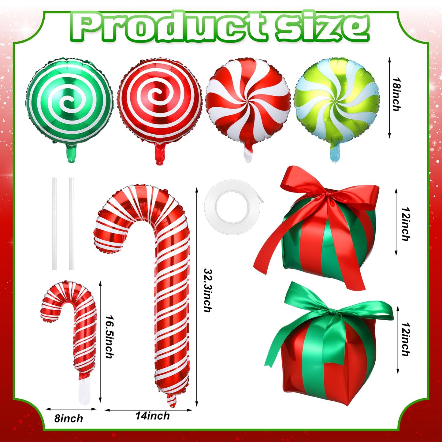 Arrowbash 72 Pcs Christmas Balloons Decorations Set Candy Cane Gift Box Foil Balloons Set Red and Green Lollipop Decorations for Christmas Xmas Theme Birthday Holiday Party