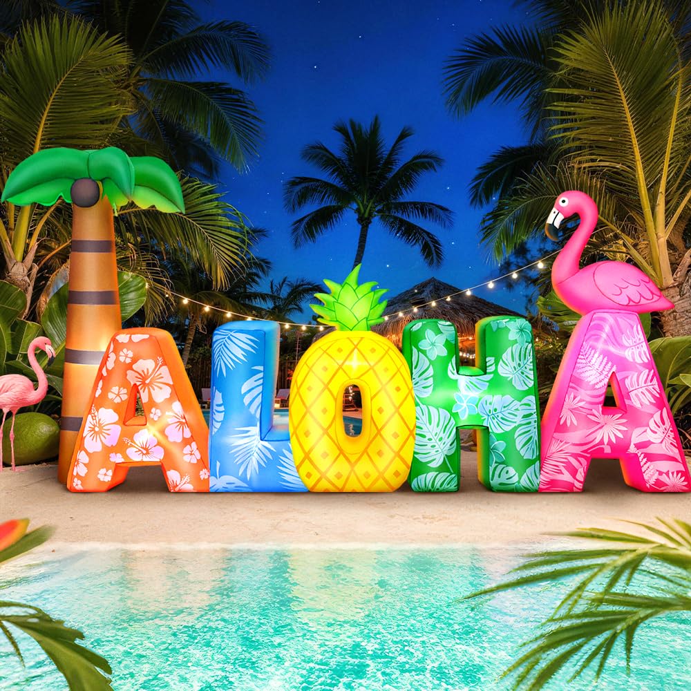 KOOY 8.7FT Long Summer Inflatables Aloha with Flamingo and Pineapple, Built-in LED Blow up Hawaiian Luau Party Decorations, Summer Inflatables Outdoor Decorations for Luau Tiki Bar Beach Pool Patio