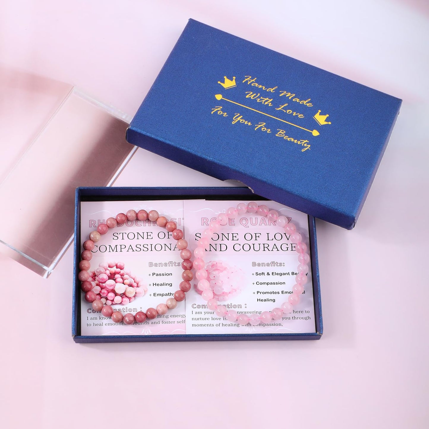 NCB 2-Piece 6mm Natural Crystal Gemstone Stretch Bracelets – ﻿Pink Quartz, Rhodochrosite Handmade Reiki Energy Healing Jewelry for Meditation,Yoga, Unisex