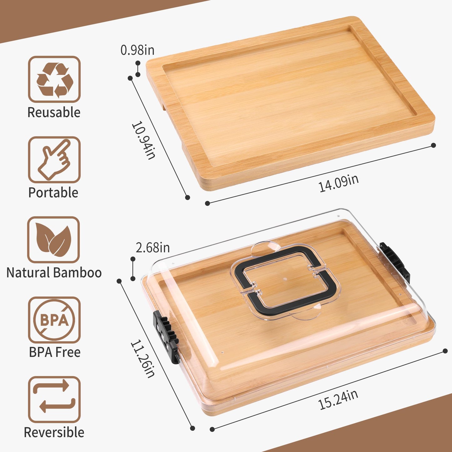 CAWIU Charcuterie Board with Lid and Handle - Portable Travel Design Bamboo Cheese Board Set with 4 Cheese Tools, Gift for Housewarming, Weddings, Picnics(1 Compartment, Black)