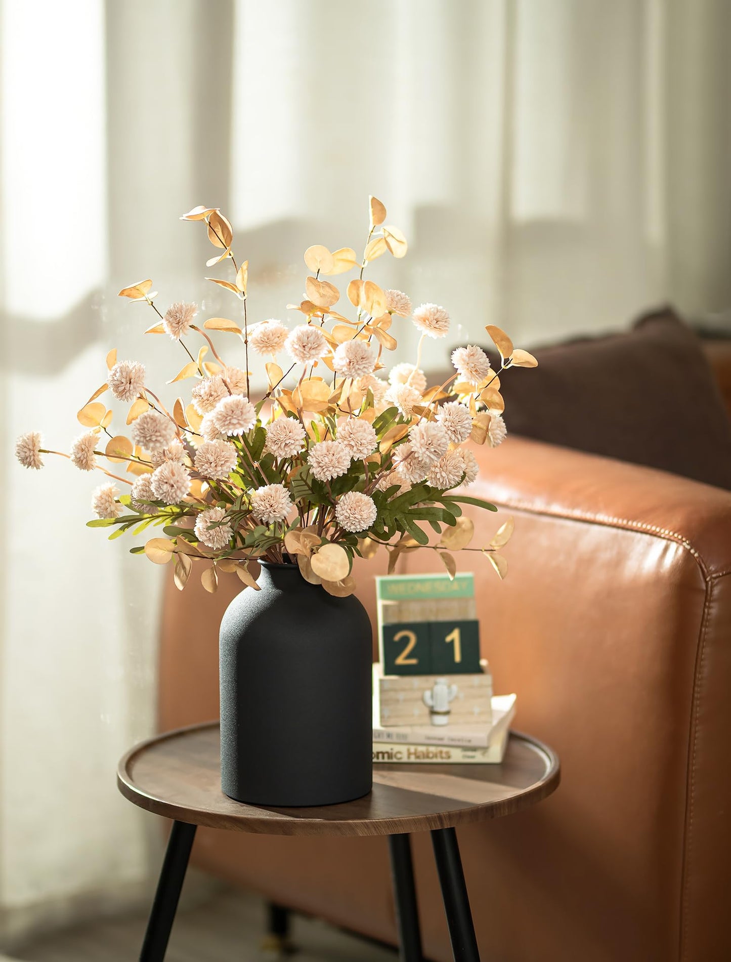 BLOSMON Fake Flowers Centerpieces for Tables: Gifts for Women Metal Vase with 12 Stems of Artificial Mums Kiku Eucalyptuses for Dining Room - Beige Faux Floral Arrangements in vase for Mothers Day