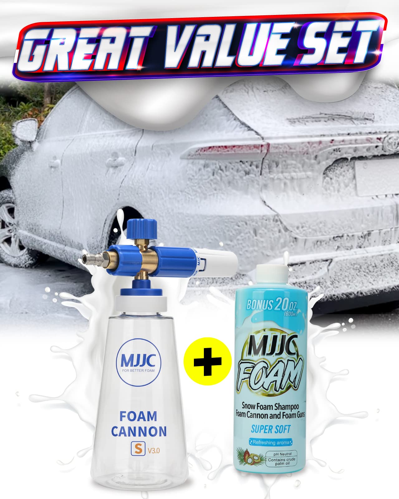 MJJC Foam Cannon S V3.0 (Thicker Snow Foam Technology) with 1/4 Inch Quick Connector for Pressure Washer & MJJC Foam Soap(20 fl oz) Kit