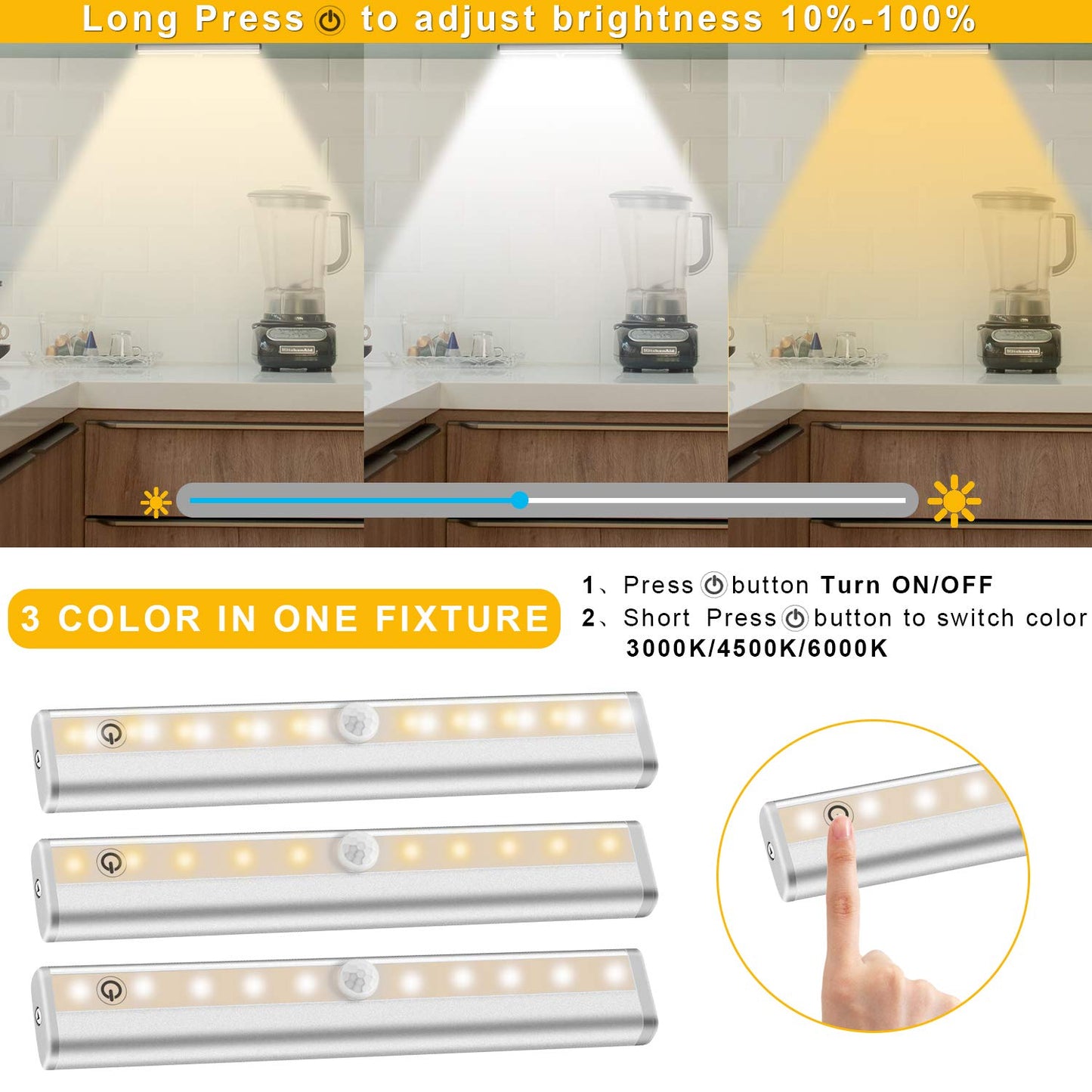 Remote Control Under Cabinet Lighting Wireless 6 Pack, 20-LED Dimmable Closet Lights Rechargeable Under Counter Light, Stick on Touch Night Light Strip Bar for Kitchen Stairway Bedroom, 3 Colors