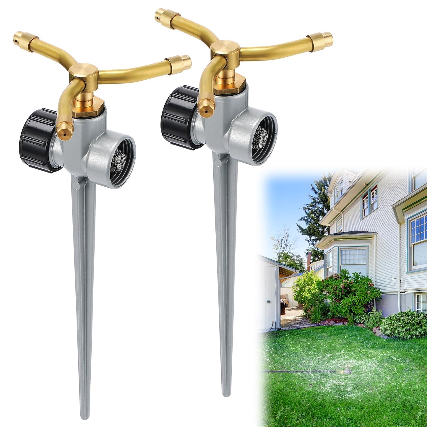 2 Pack Aluminum Alloy Lawn Sprinkler with 3 Arms Brass Nozzle, Long-Distance Spray for Small Medium Yard Garden