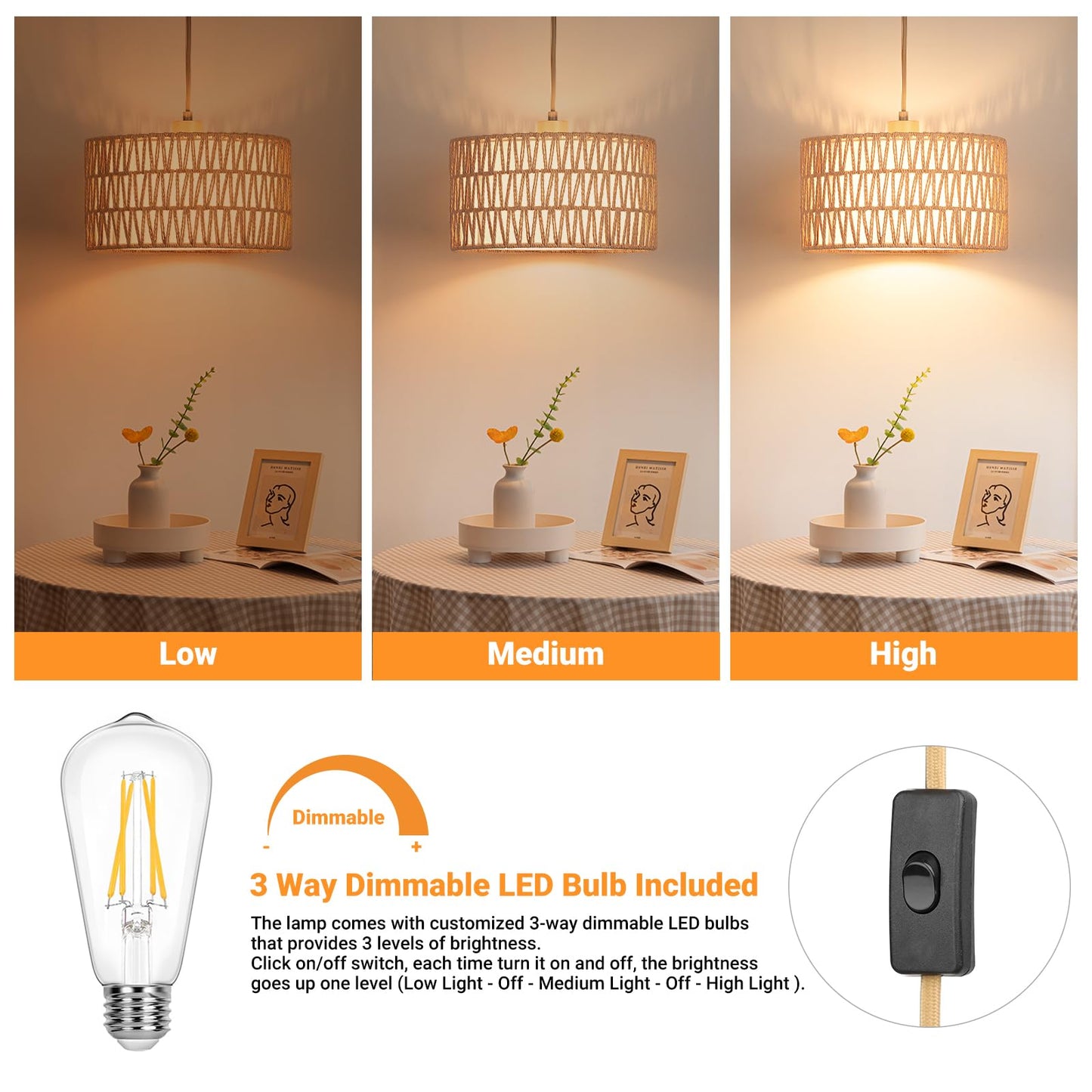 Qingmiao Boho Plug in Pendant Light, Rattan Hanging Lamp Plug in with Woven Shade, 3-Way Dimmable Hanging Light Fixture for Living Room Bedroom Kitchen Ceiling Home Decor