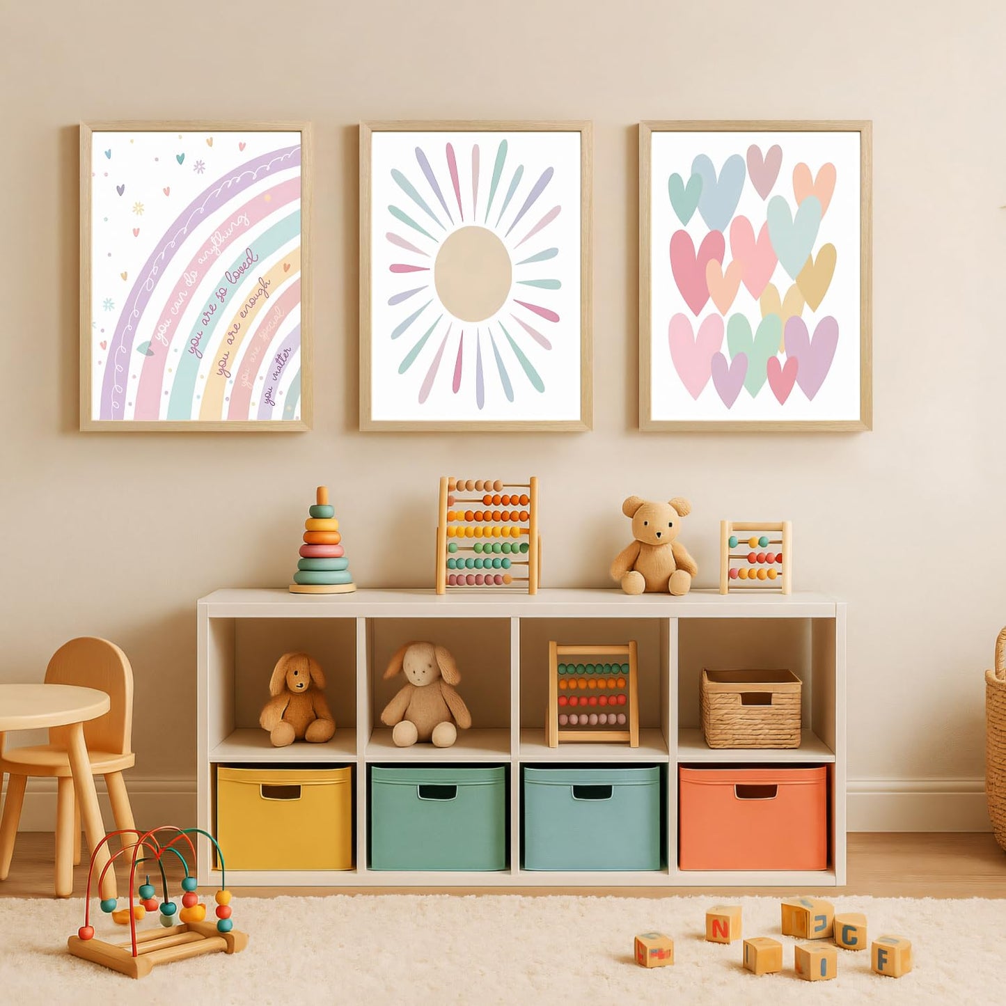 LLEEMPI Pink Heart Sun Rainbow Wall Art Set of 3, Baby Room Wall Decor, Boho Rainbow Nursery Canvas Painting, Classic Minimalist Poster Prints for Bedroom Bathroom Classroom Wood Framed 12x16 Inch