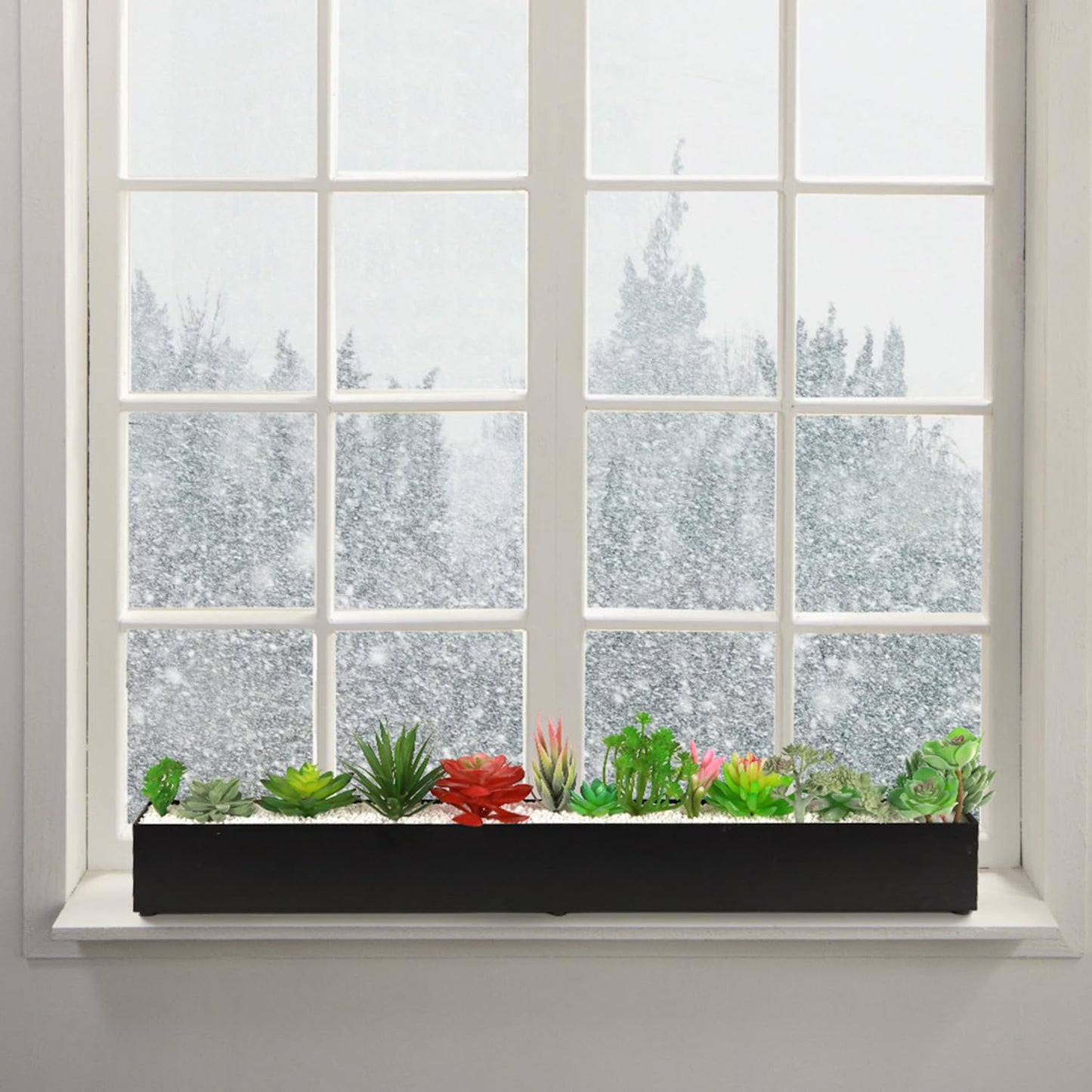 GZGNEEVL Trough Rectangle Planter Window Sill Planter Box Long Window Planters Modern Galvanized Steel Succulent Planter Black Metal Windowsill Pot 32 in for Indoor Plants Herb Table Home Outdoor