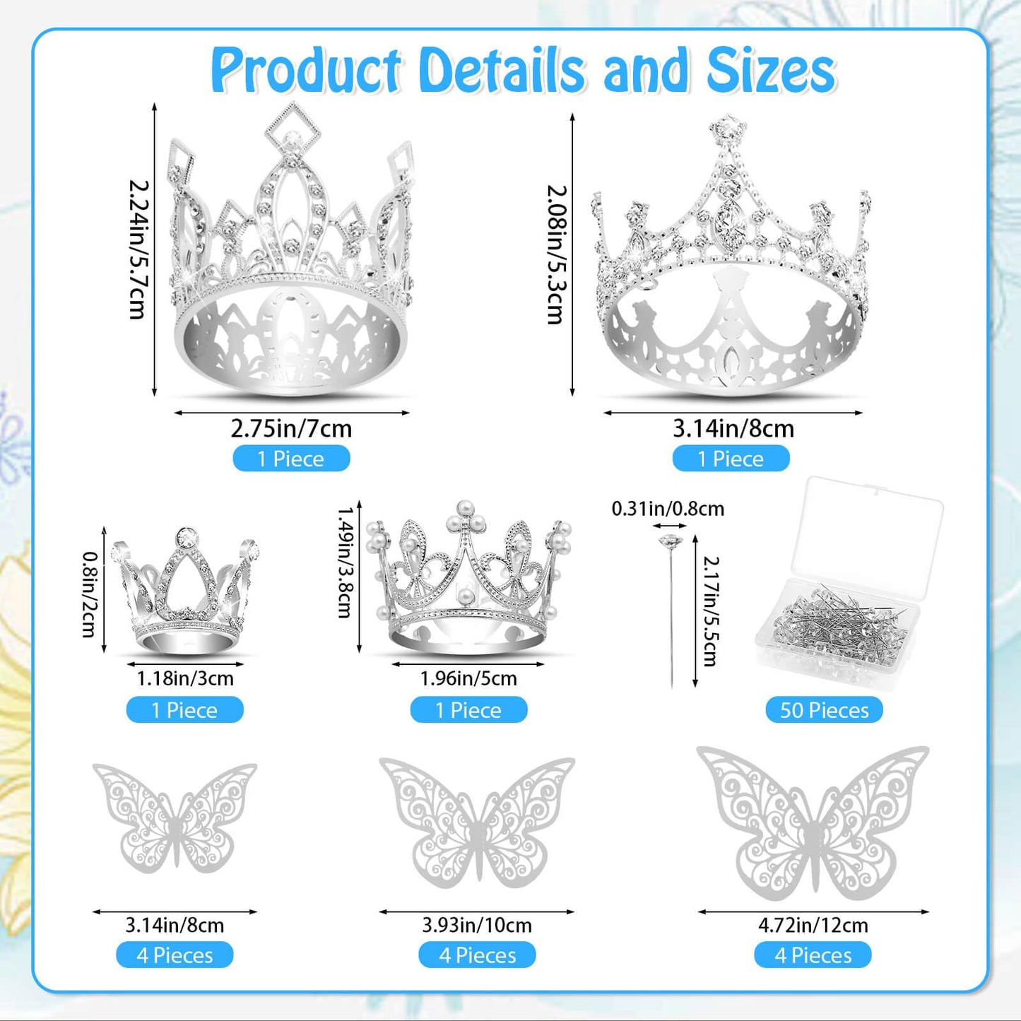 cridoz Flower Bouquet Accessories Including 4 Pcs Silver Crowns, 12 Pcs Butterfly Decorations and 50 Pcs Flower Pins for Flower Bouquets and Cake Topper Decoration