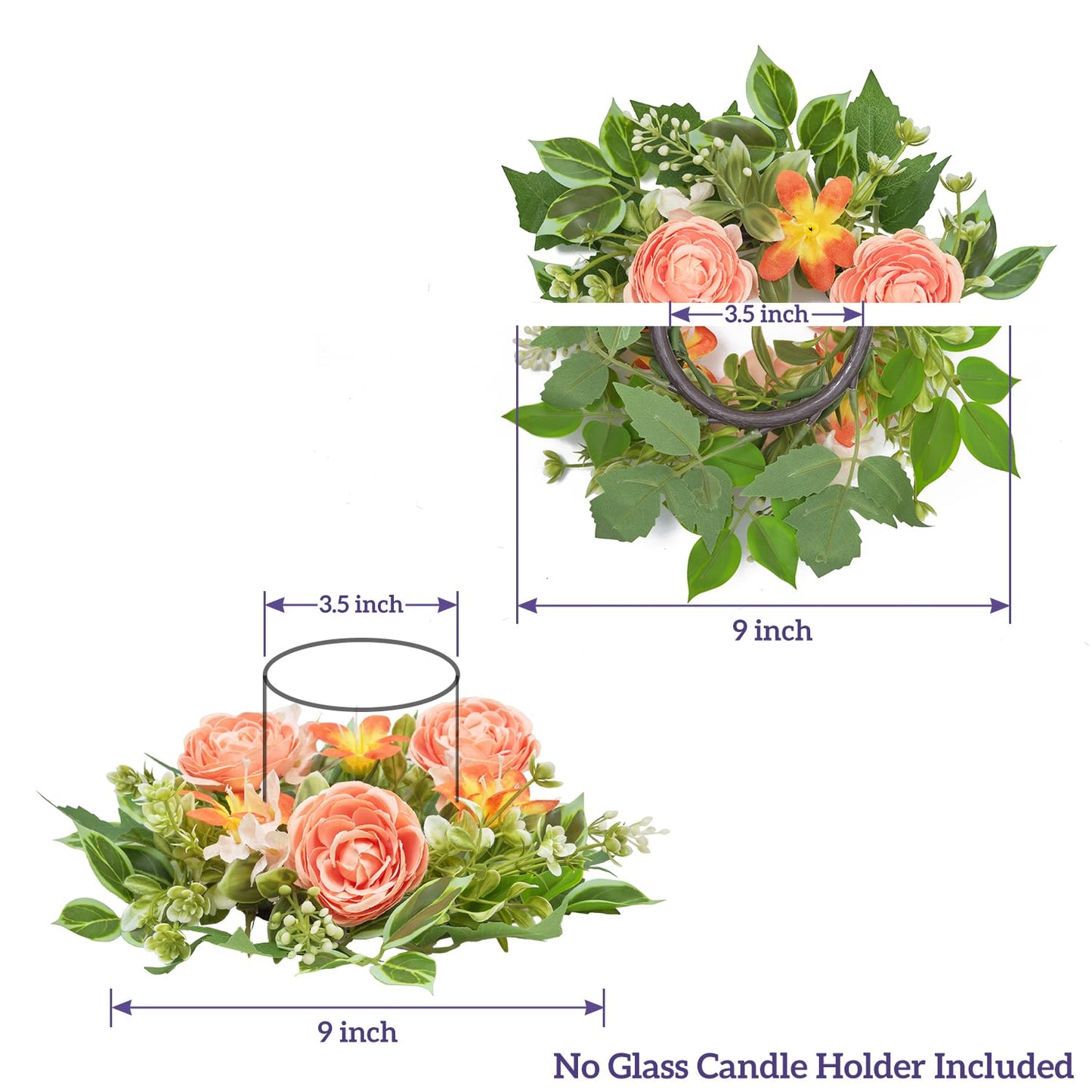WELL KNOWN 2 Pcs Mini Spring Floral Candle Rings Wreaths for Pillars Home Table Window Decor, 9 Inches Artificial Flower Cabinet Wreath for Kitchen Farmhouse Wedding Party (Peach Ranunculutus)