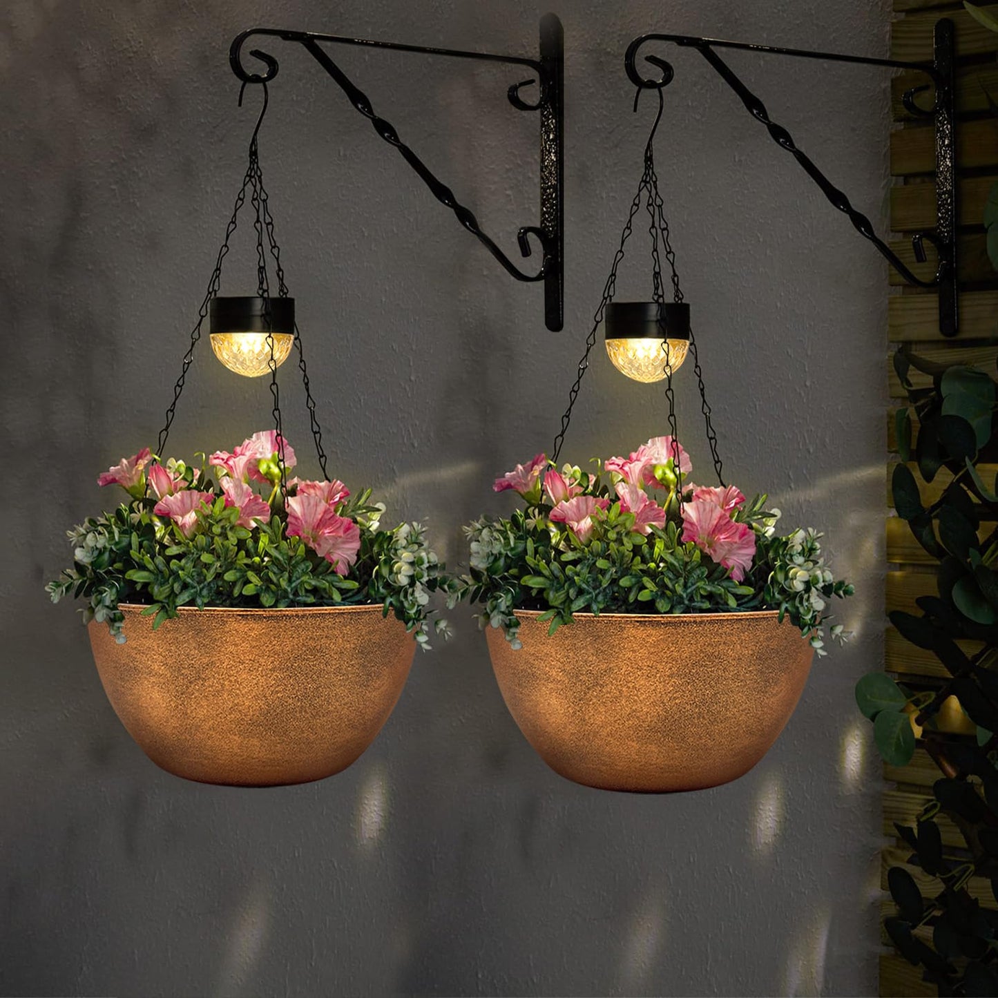 BAYN 2 Packs Solar Hanging Basket Planters for Plants Outdoor, Self Watering Bronze Flower Plants Pots with Solar Light Drainer for Balcony Patio Garden Outdoor Decoration