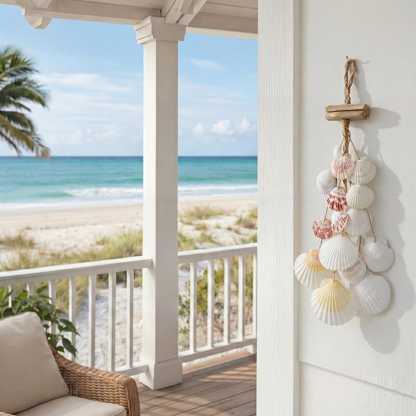 Novabright Wooden Beach Seashell Wall Hanging Decor Driftwood Seashell Wall Decor Scallop Shells Bathroom Decorations for Home Indoor Outdoor Coastal Living Room Bedroom and Dining, 20inches