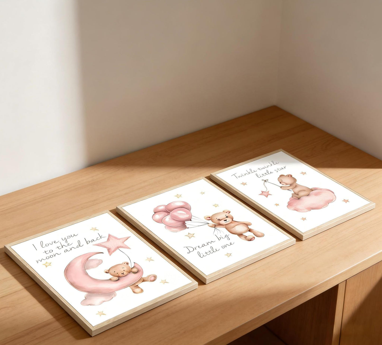 3Pcs Pink Teddy Bear Nursery Wall Art Prints, Dream Big Little One I Love You to the Moon and Back Twinkle Twinkle Little Star Posters, Baby Girl Room Decor for Nursery Playroom 12x16in Unframed