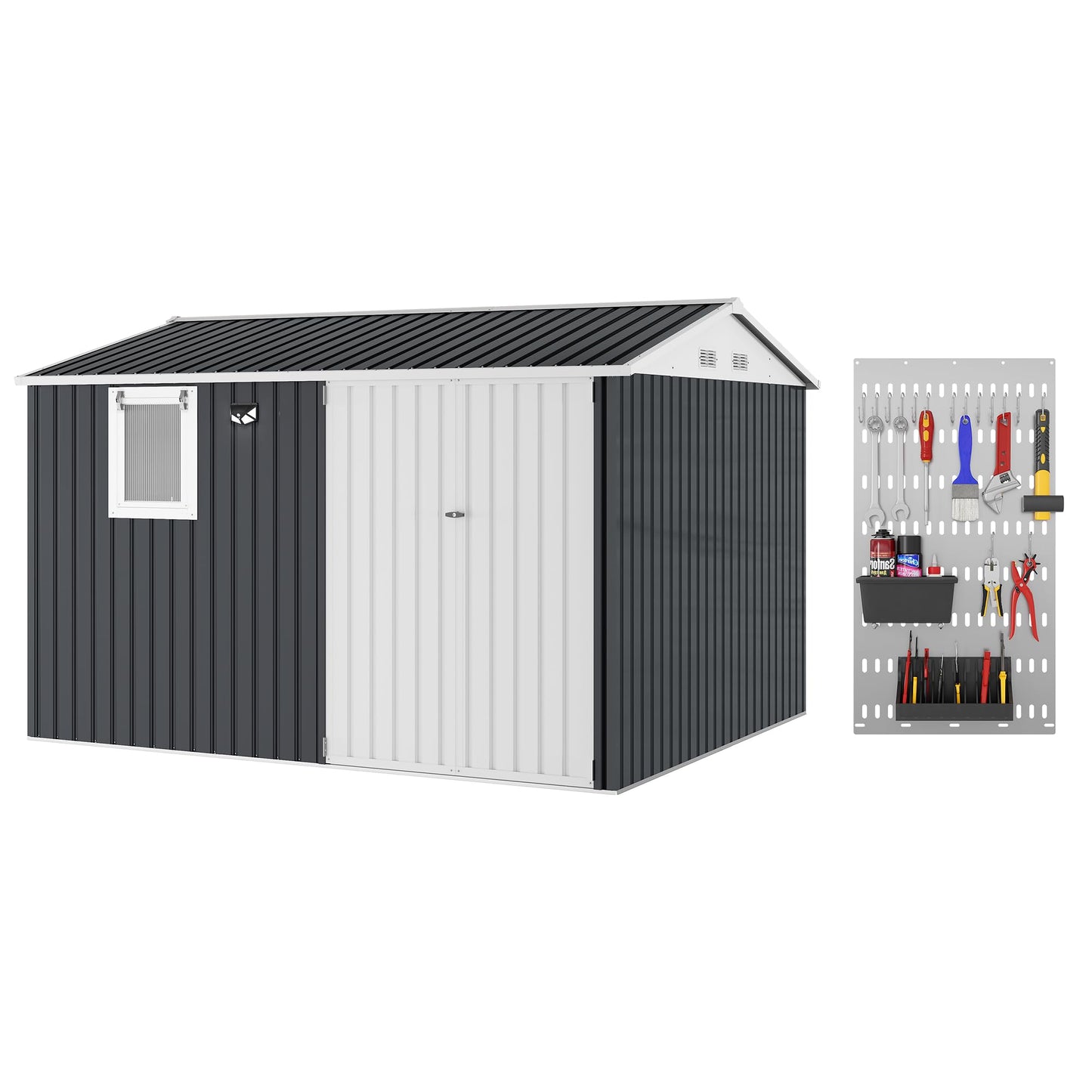 10x8FT Outdoor Storage Shed with Pushable Window, Metal Garden Shed with Sloping Roof,Breathable Vent and Lockable Doors, Steel Tool Shed for Patio Garden, Garage, Backyard, Poolside