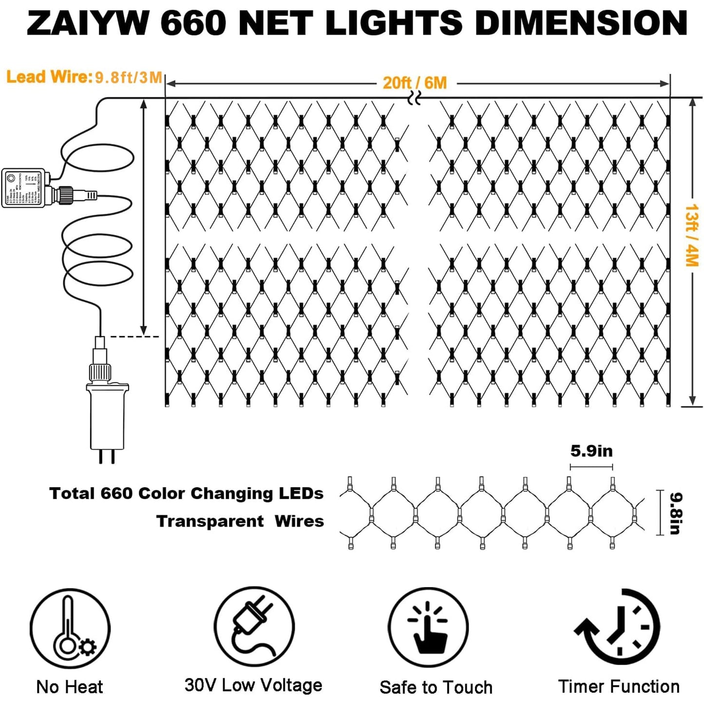 ZAIYW 660 LED Net Lights Outdoor Mesh Lights, 20Ft x 13Ft Large Christmas Net Lights Plug in with Remote Control Timer for Bushes Xmas Shrubs Wall Wedding Tree Decor (Warm White)