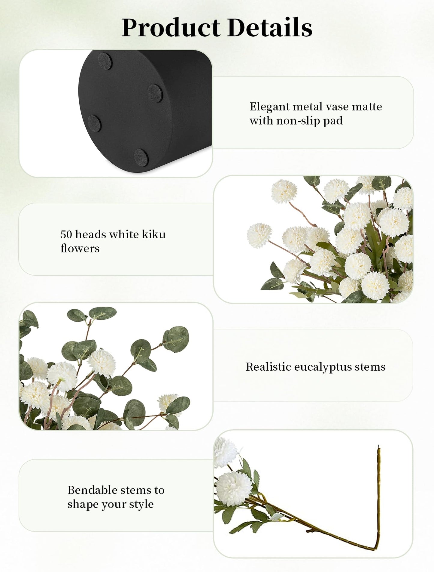 BLOSMON Fake Flowers in Vase for Centerpieces: Metal Vase with 12 Stems of Artificial Mums Kiku Flowers Eucalyptuses Home Table Decor - White Faux Pom Poms Floral Arrangements for Living Room