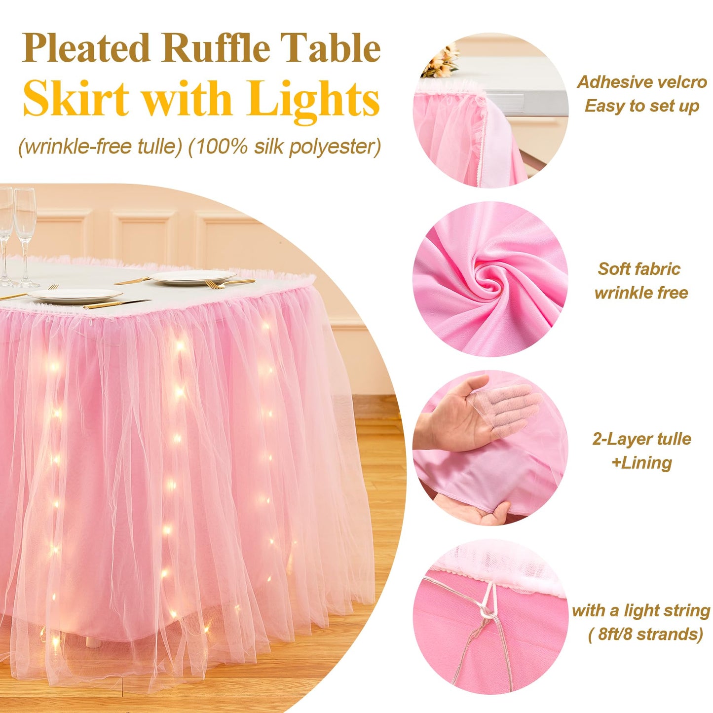 6FT Pink Tulle Table Skirt with LED Lights 2-Layer Ruffle Tulle Tutu Cloth Desk Table Skirt for Birthday Party Baby Shower Wedding Banquet Cake Dessert Decorations