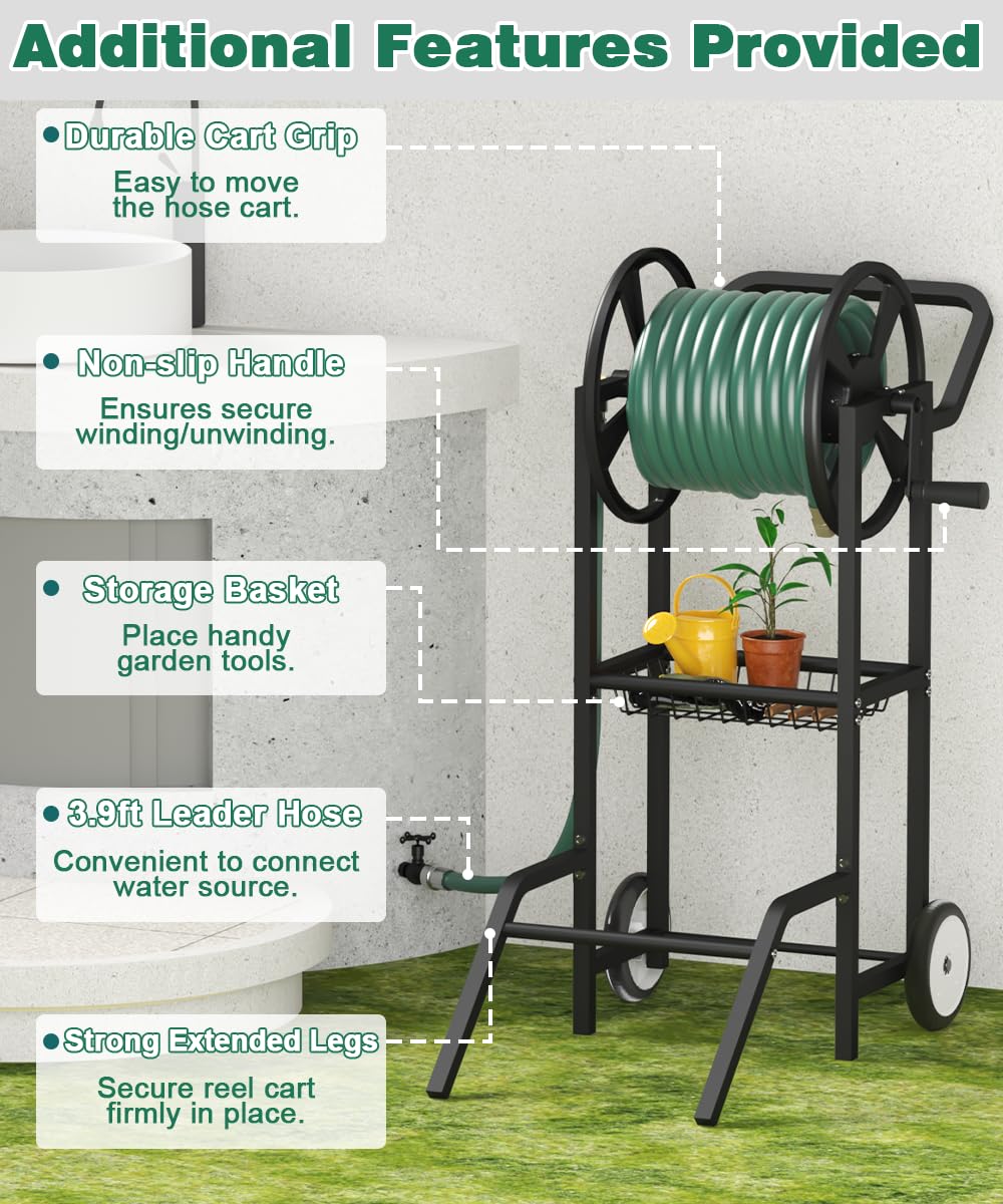 Artigarden Hose Reel Cart with 2 Wheels, Garden Water Hose Holder Heavy Duty Powder Coated Steel Outdoor Winder Storage Holds 125 ft 5/8" Hoses with Basket and 3.9ft Leader Hose for Backyard, Black