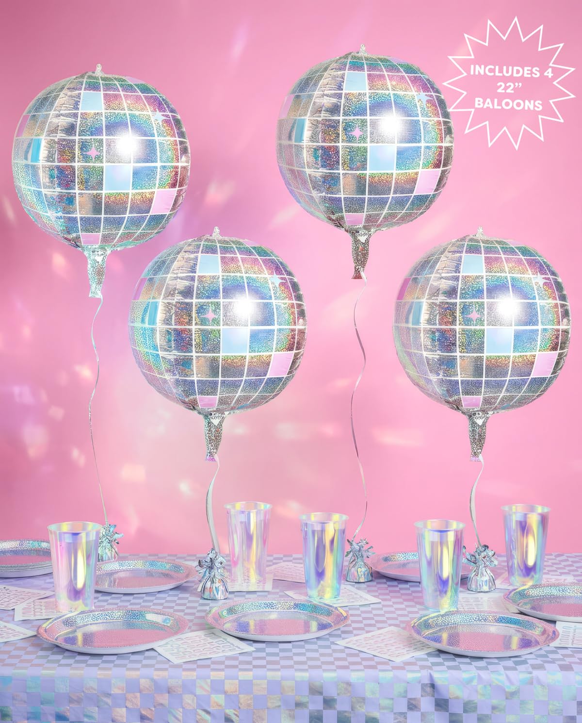 xo, Fetti Iridescent Disco Ball Metallic Silver Foil Balloons - 4 pk, 22" | Last Disco Bachelorette Decorations, Groovy Birthday Party Supplies, 70s Baby Shower, NYE, Space Cowboy